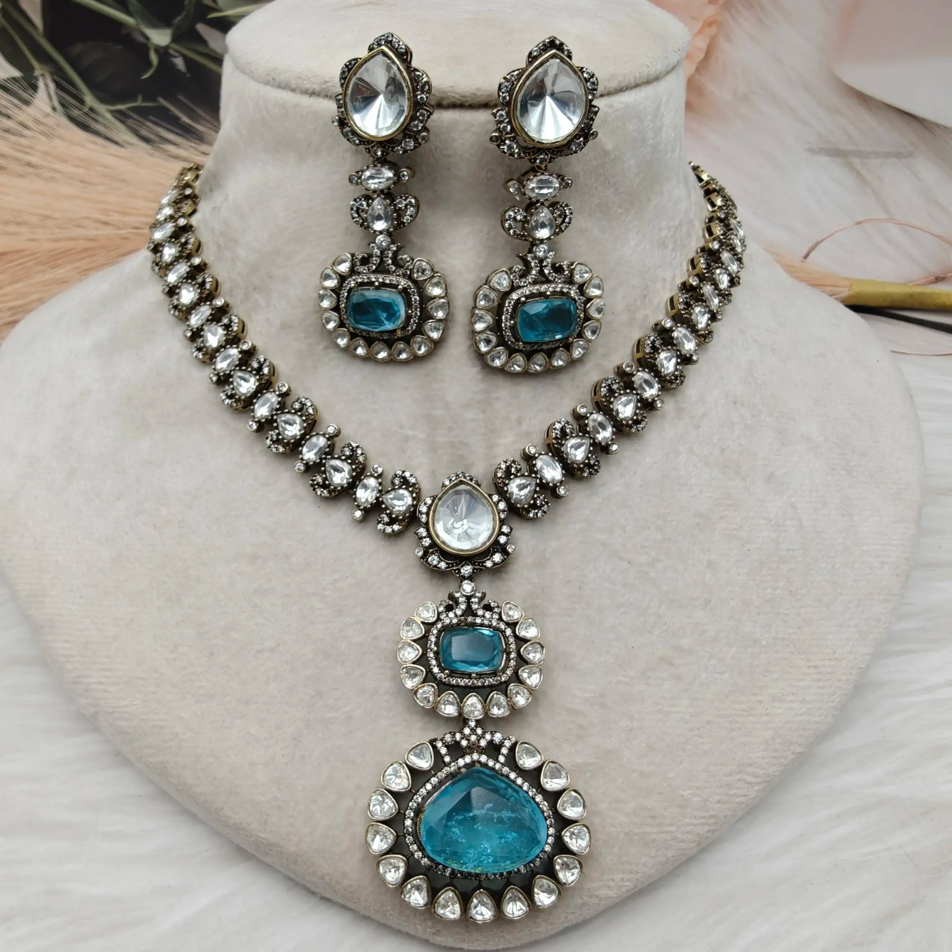 Marina Doublet Polki Kundan Necklace Set - Turquoise Blue