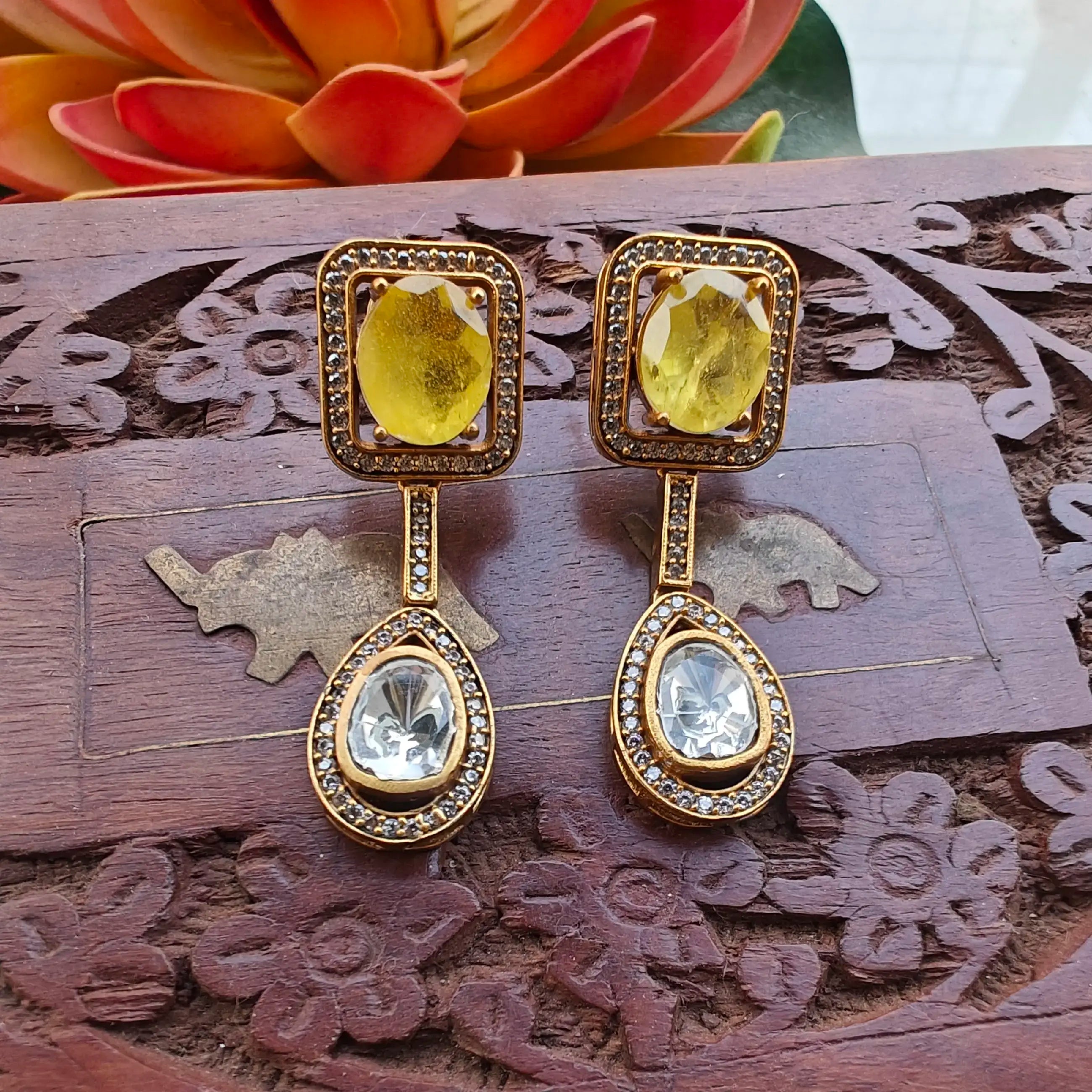 Keher Doublet Uncut Moissanite Polki Dangler - Yellow
