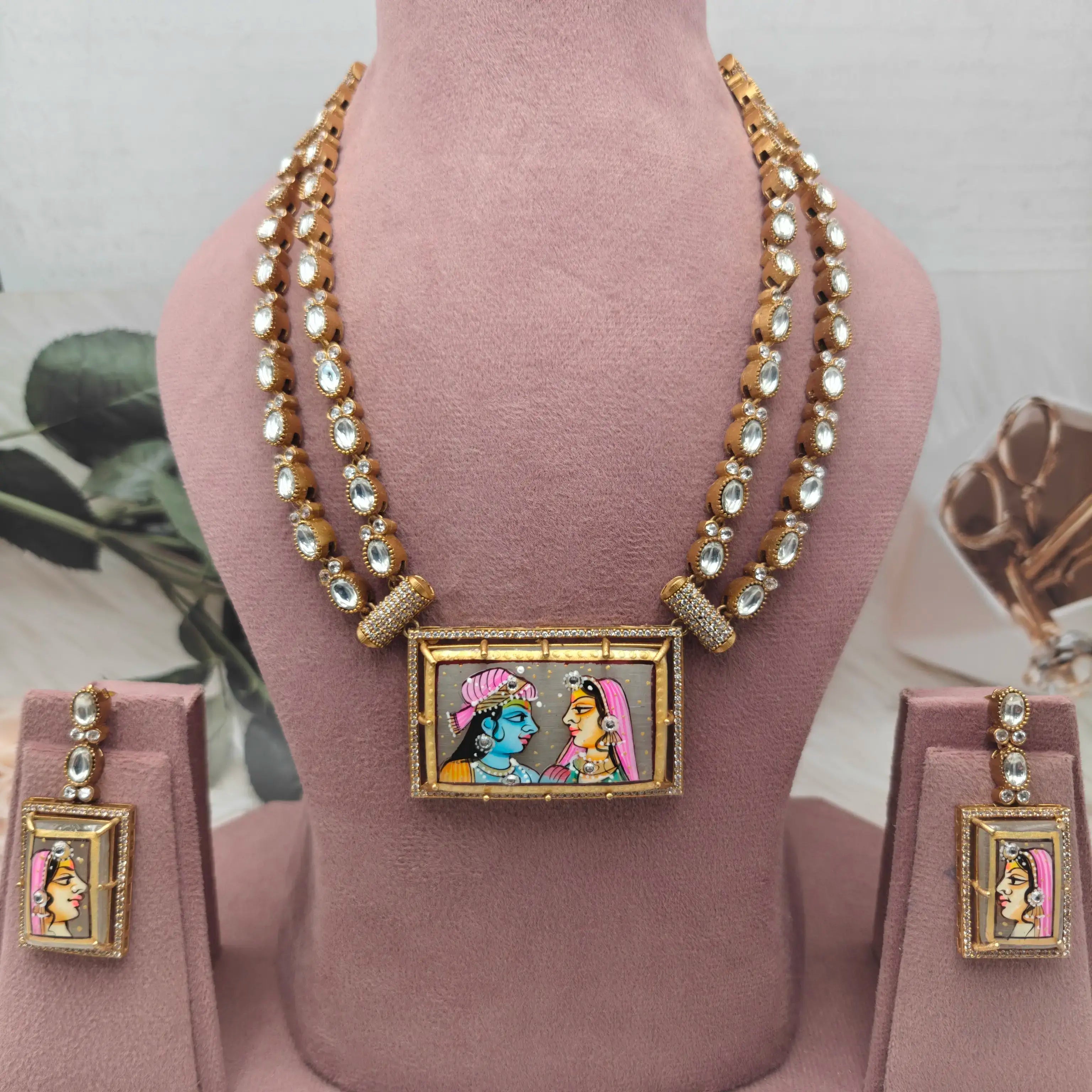 Radha krishna Tanjore polki Necklace Set - White