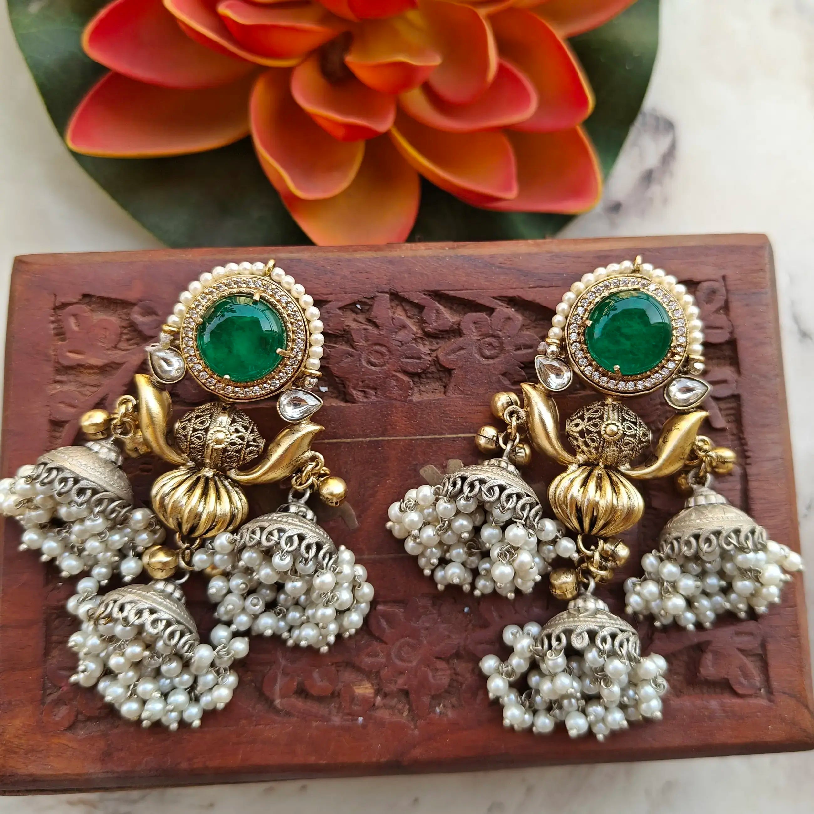 Yasmin Brass Fusion Dual Tone Jhumka Earrings - Emerald Green