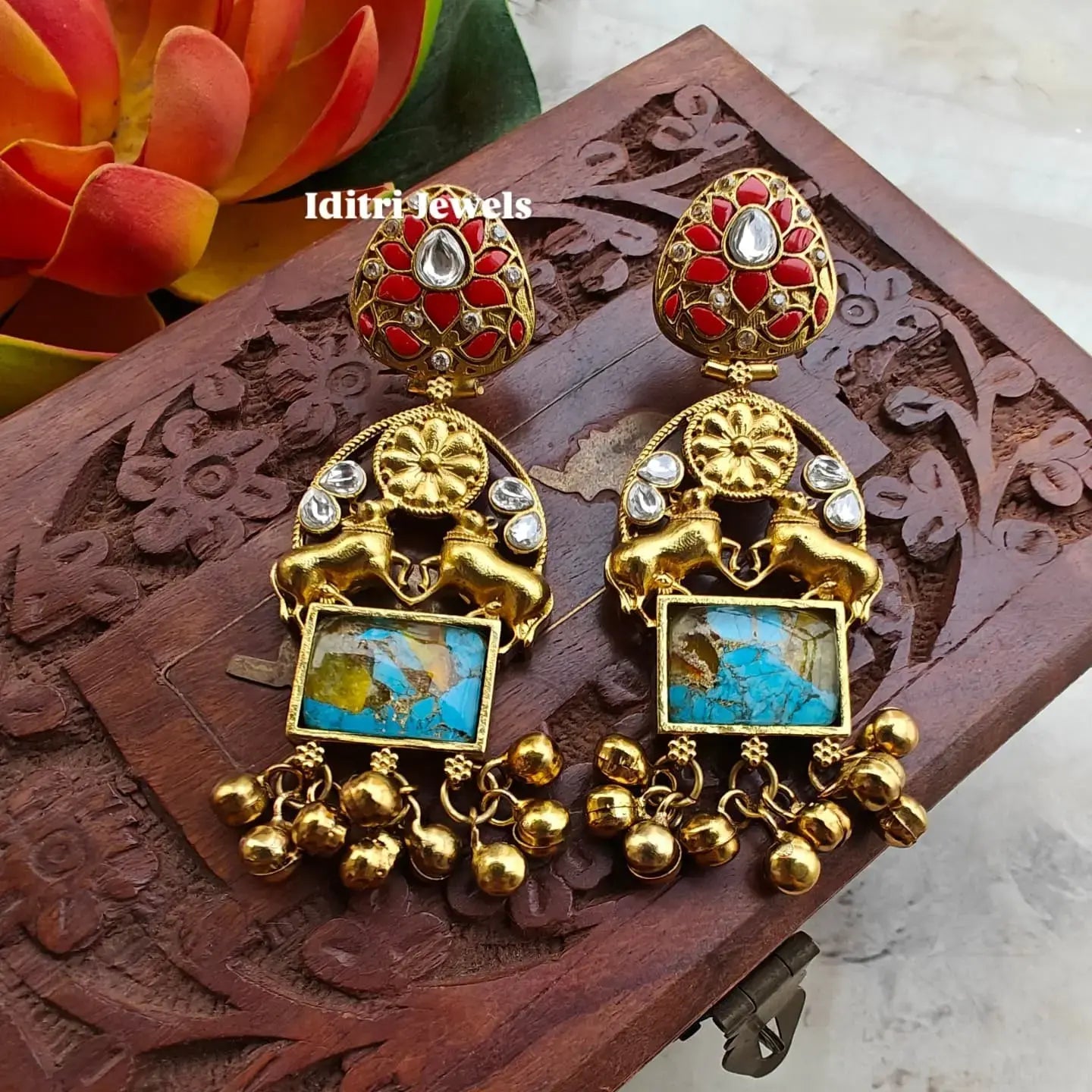Nandi Amrapali Brass Fusion Earrings - Turquoise And Red Coral