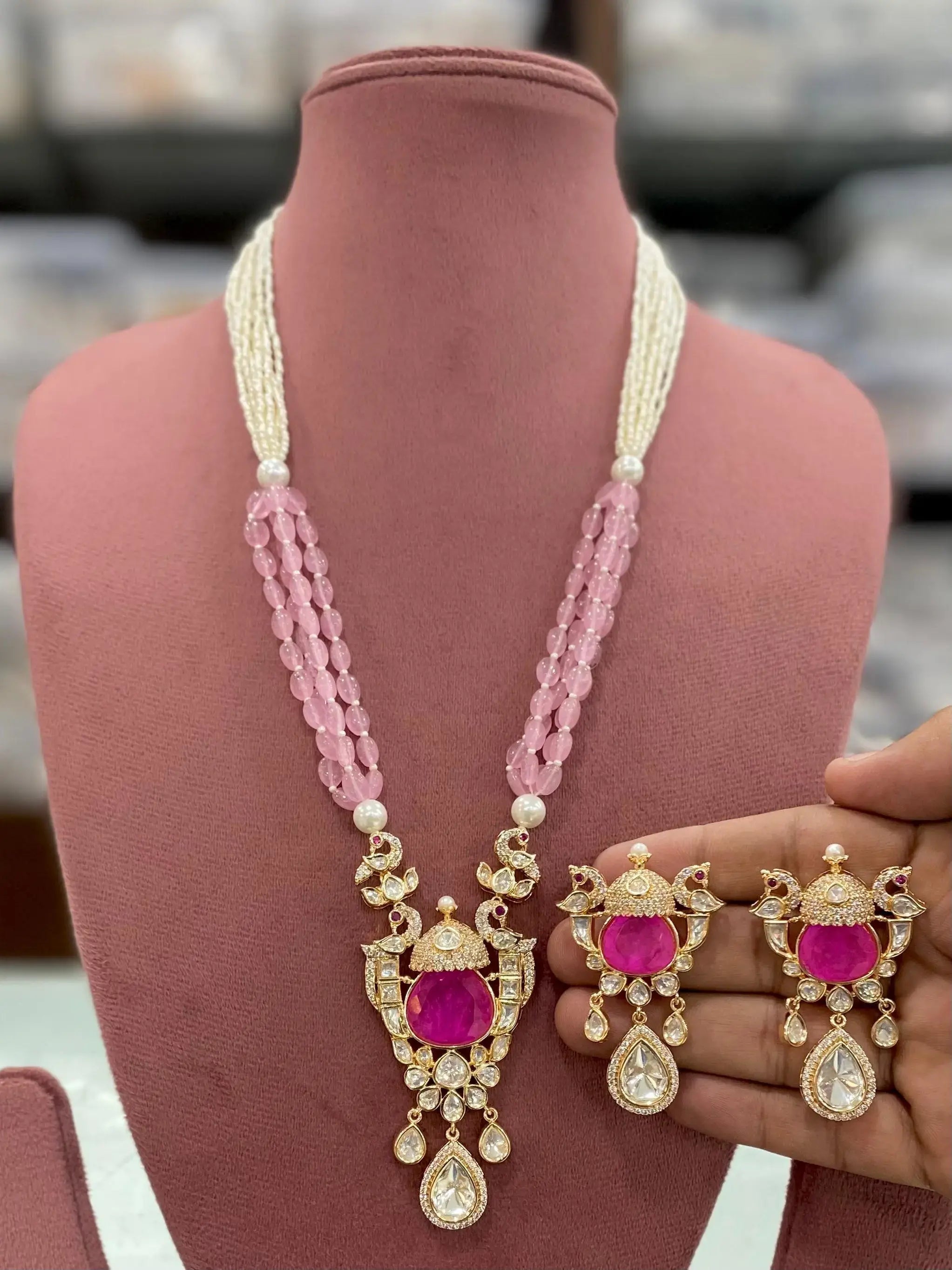 Fitoor Doublet and Moissanite Long Necklace Set - Pink