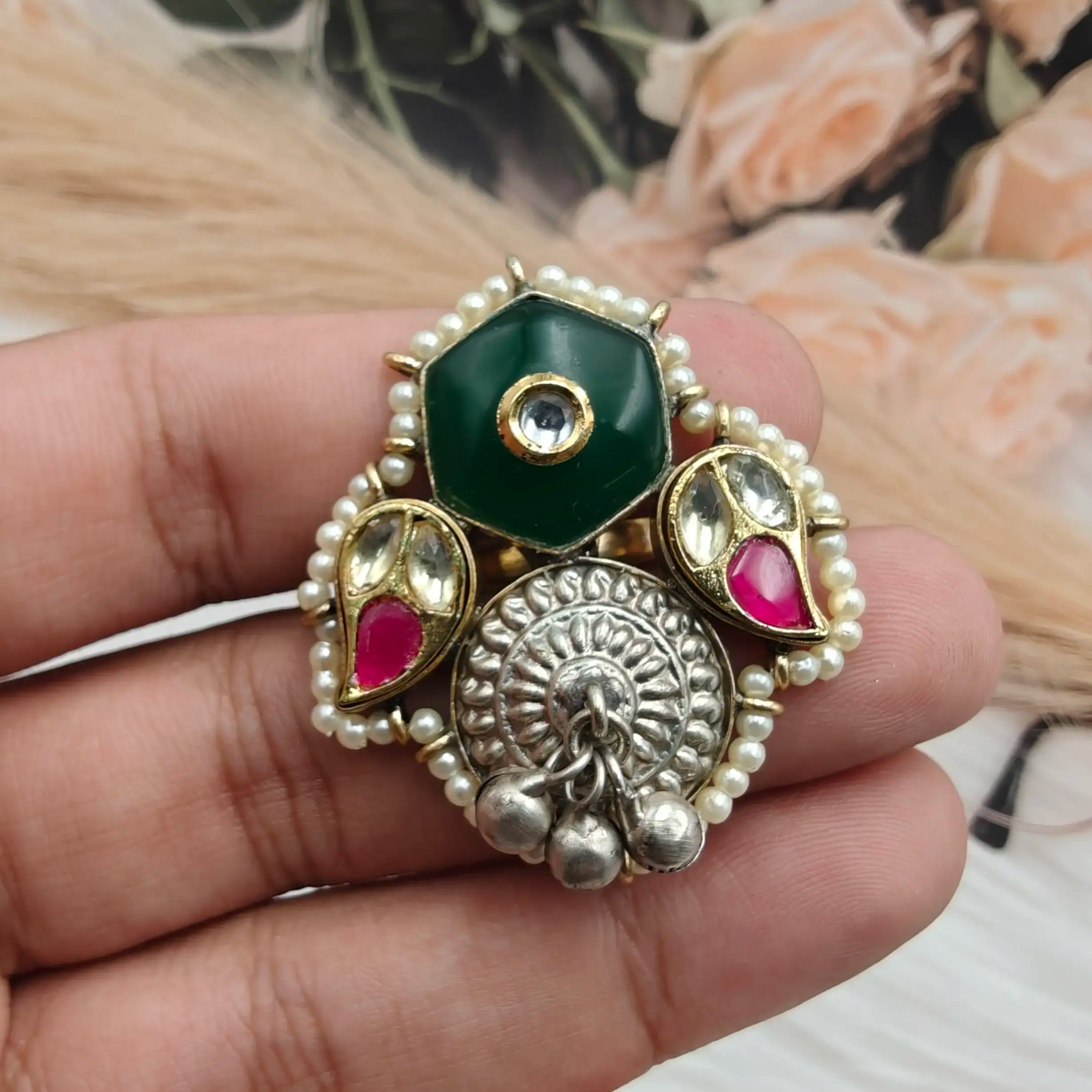 Nitya Brass Fusion Adjustable Finger Ring - Green