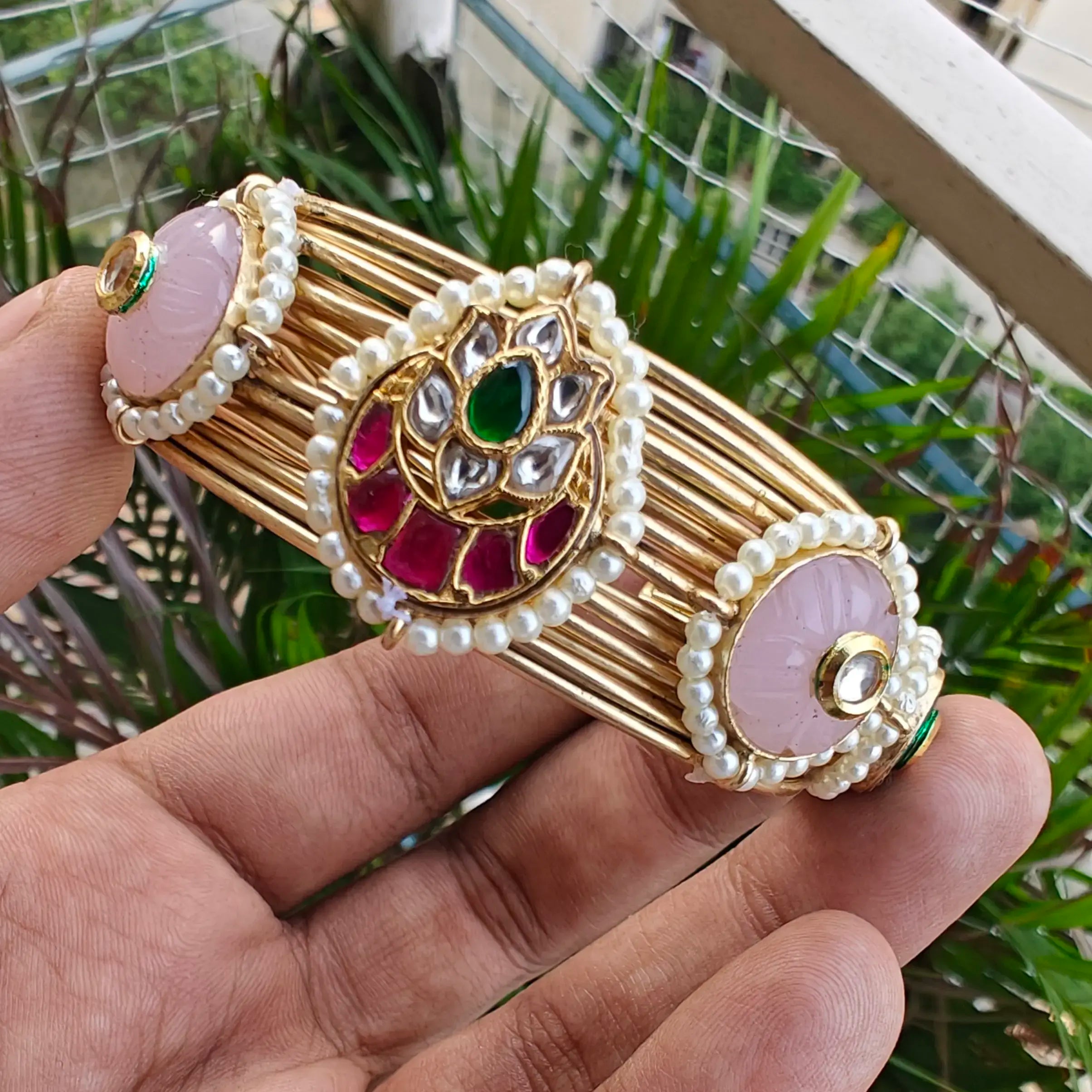 Shakira Amrapali Pachi Kundan Brass Fusion Handcuff- Pink