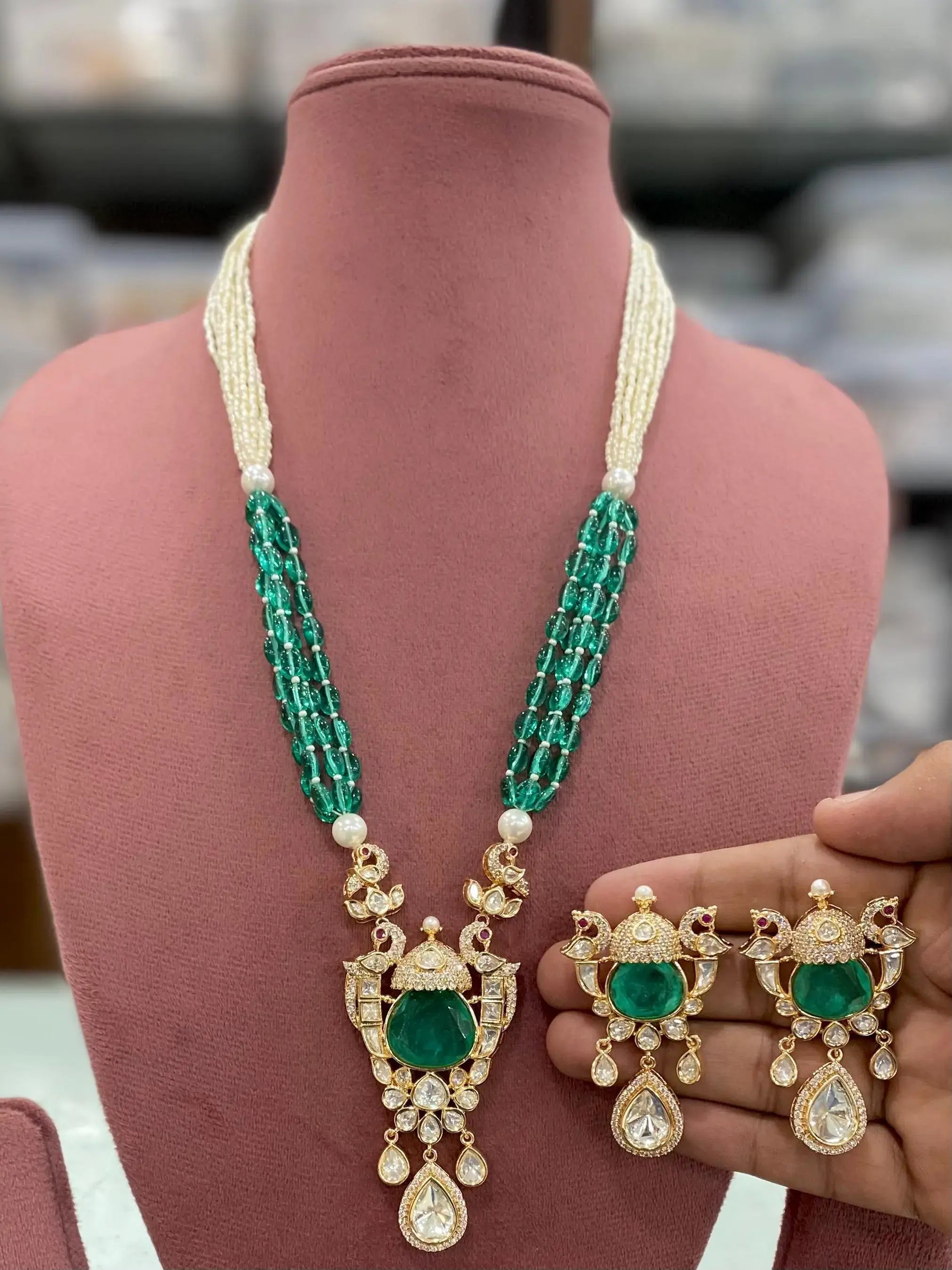 Fitoor Doublet and Moissanite Long Necklace Set - Rama Green