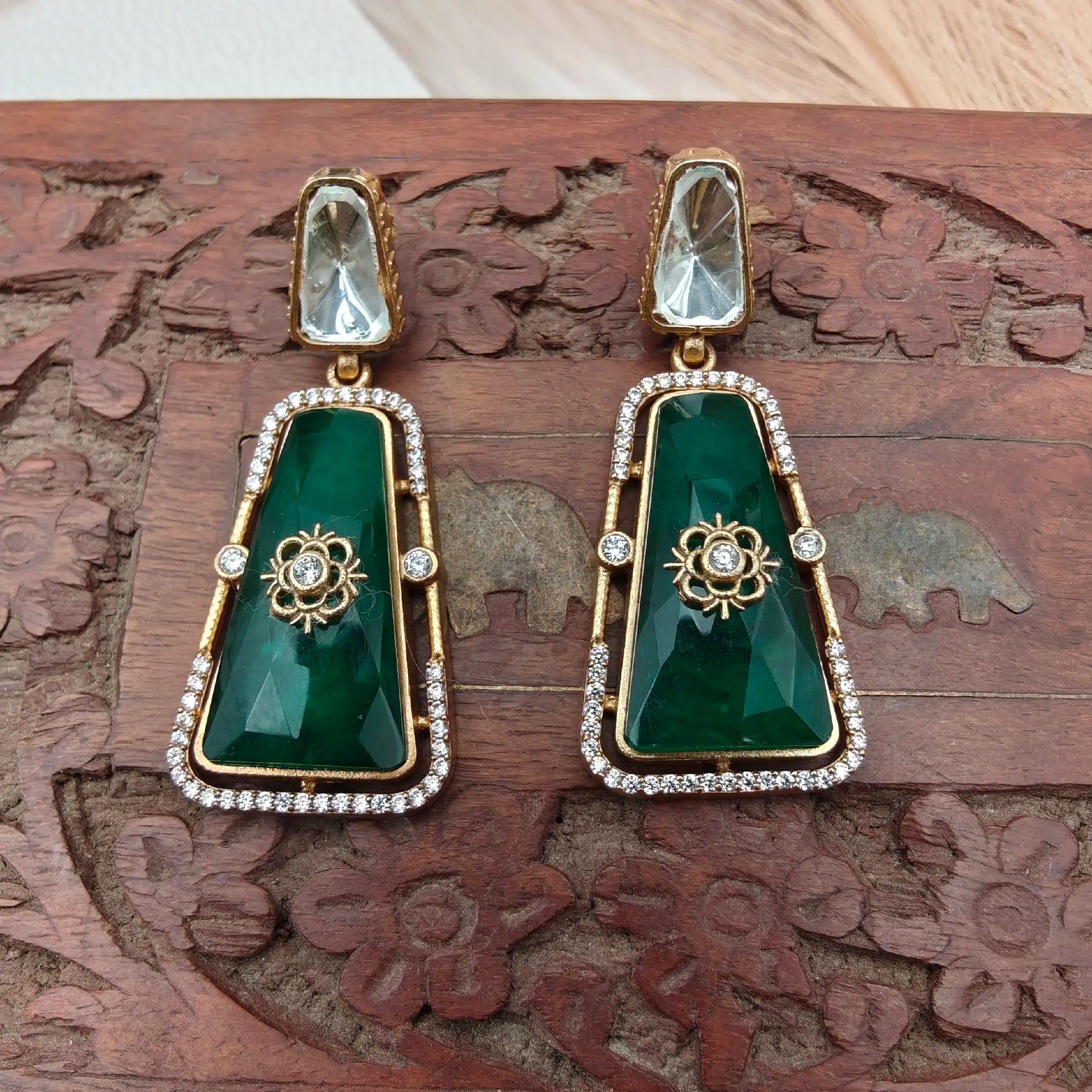 Guzarish Premium Doublet And Moissanite Earrings - Emerald Green