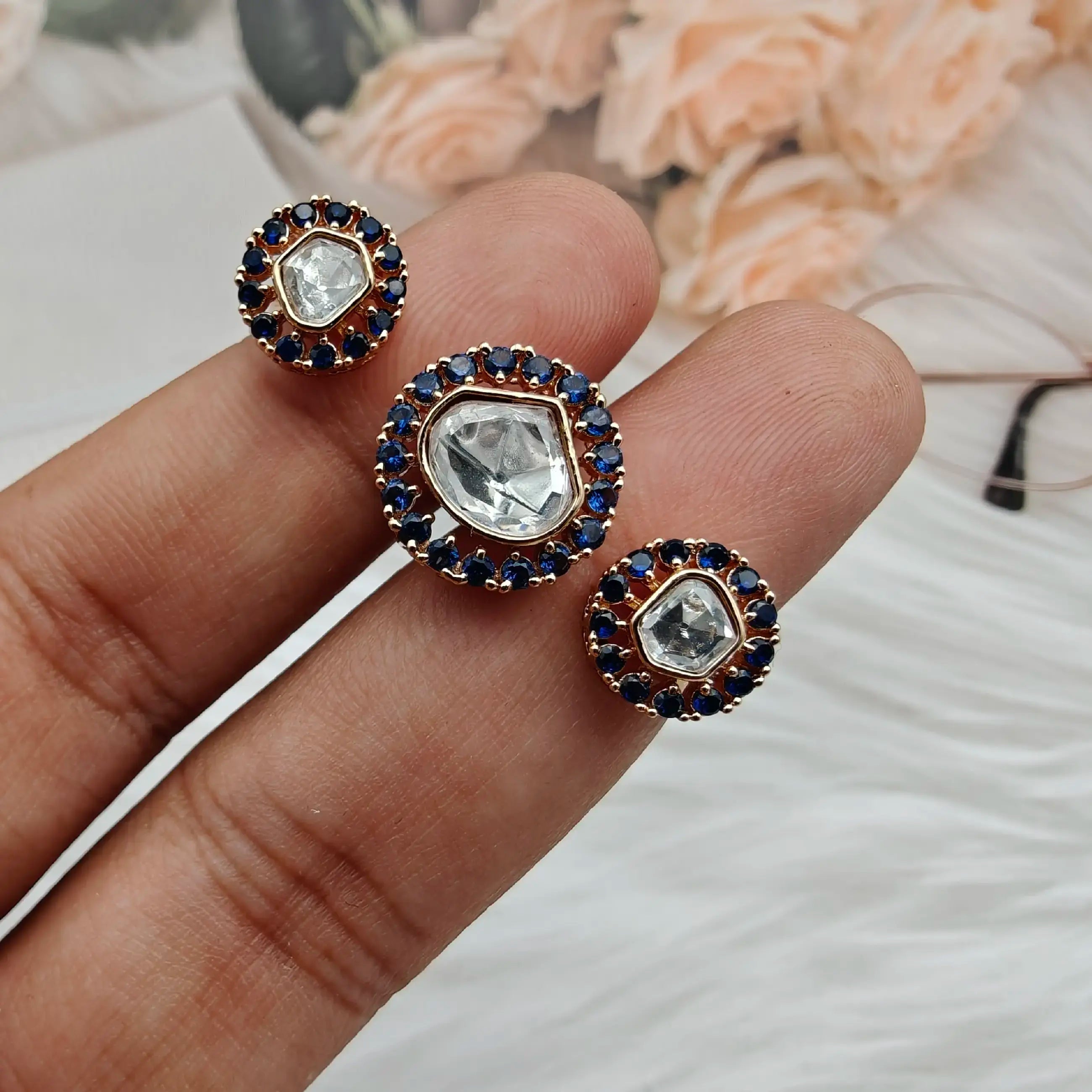 Nadira Sunheri Moissanite Kundan Double Finger Ring - Blue