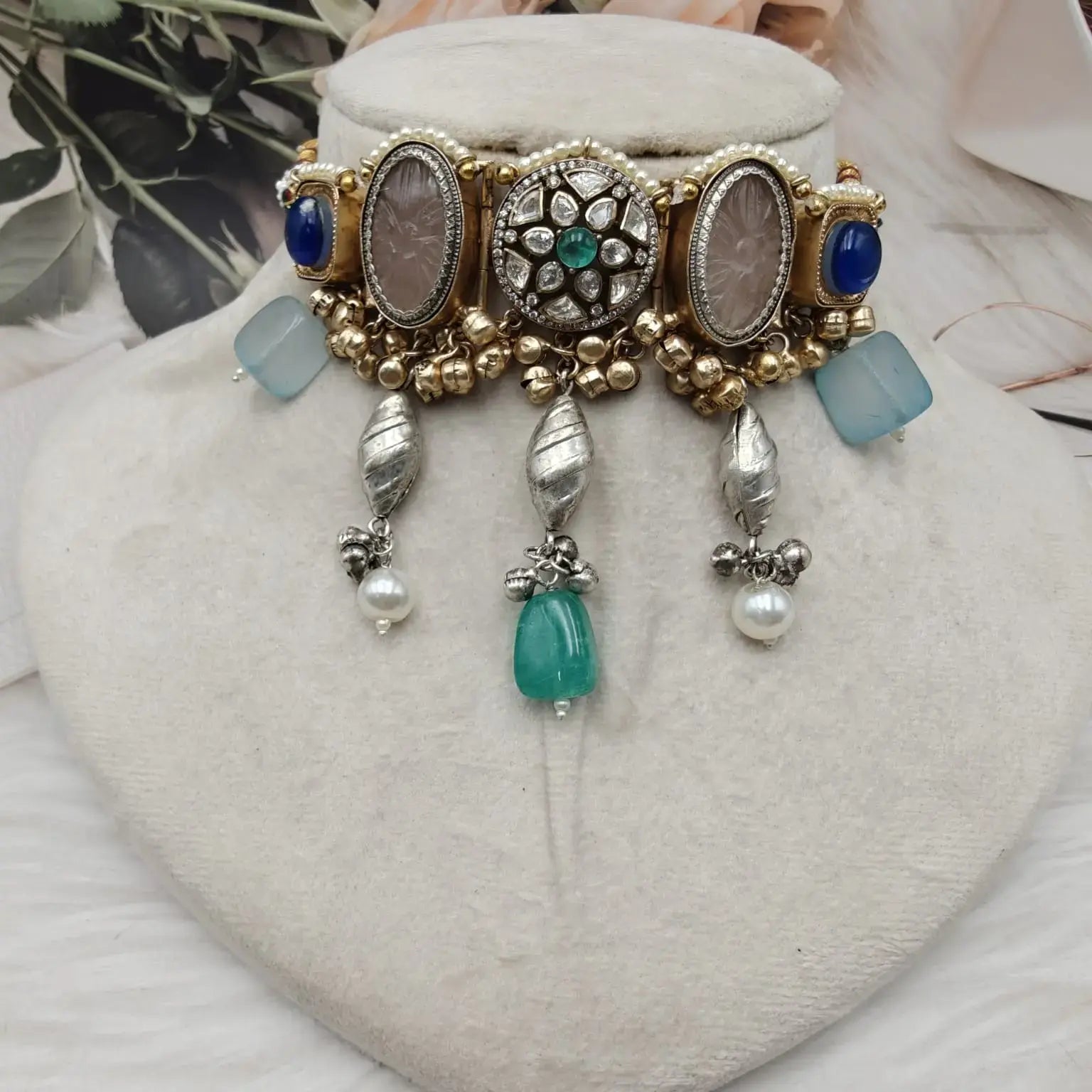 Akshala Amrapali Brass Fusion Handcrafted Choker - Rose Quartz n Blue Sapphire