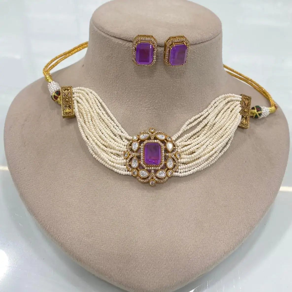 Kusum Doublet Uncut Polki Choker Set - Purple