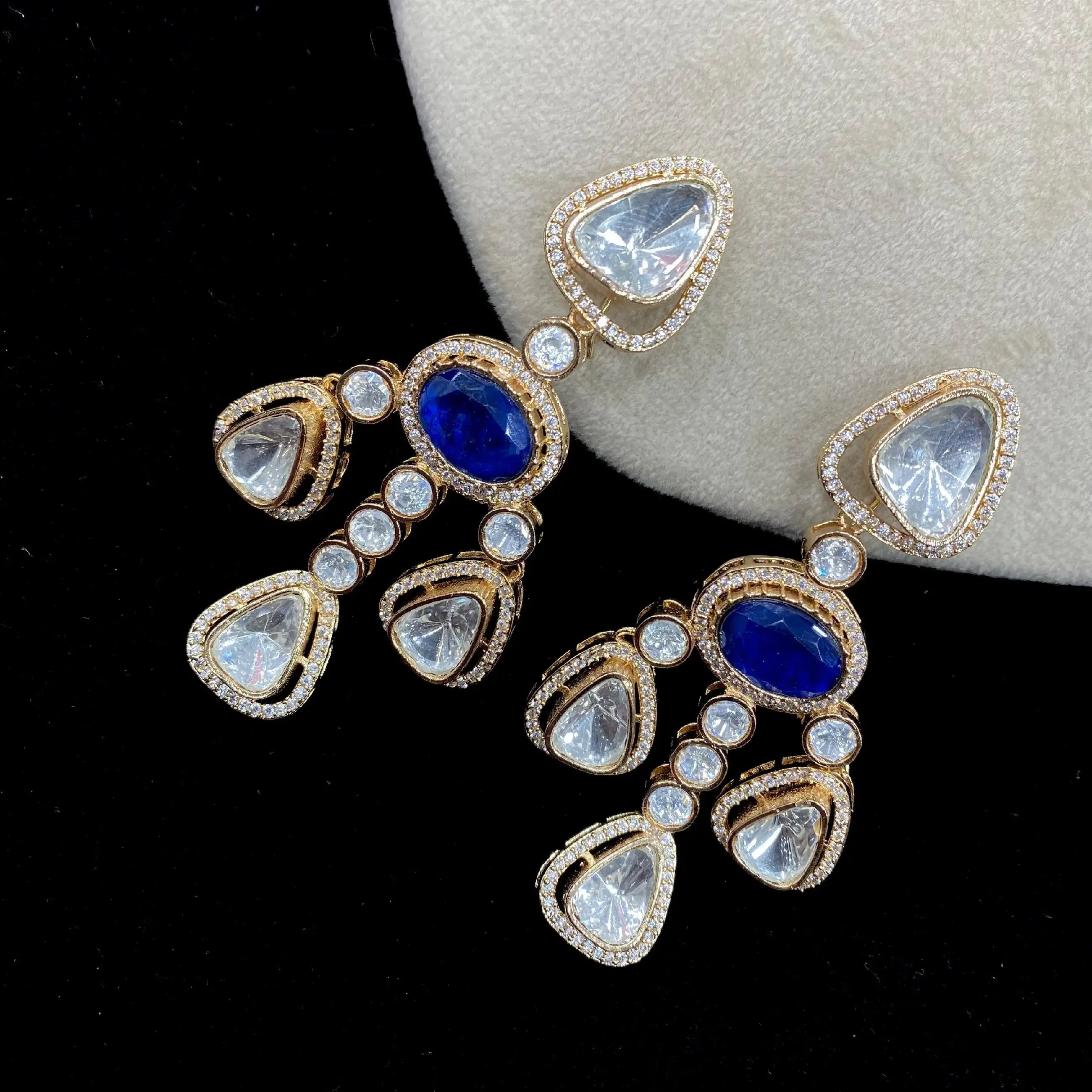 Irada Doublet Uncut Polki Moissanite Chandelier Earrings - Blue