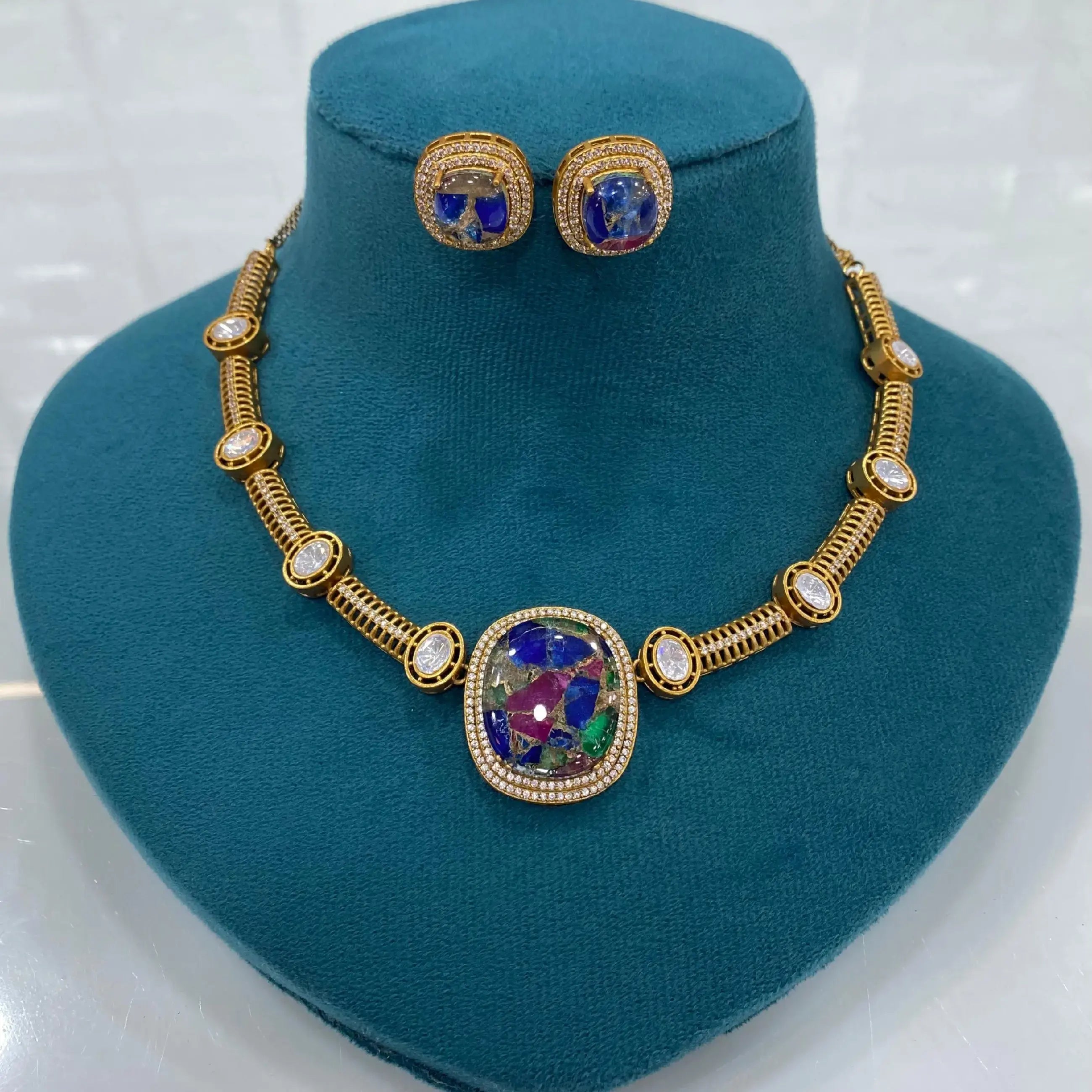 Khwaish Tourmaline Doublet Uncut Polki Necklace Set - Multi