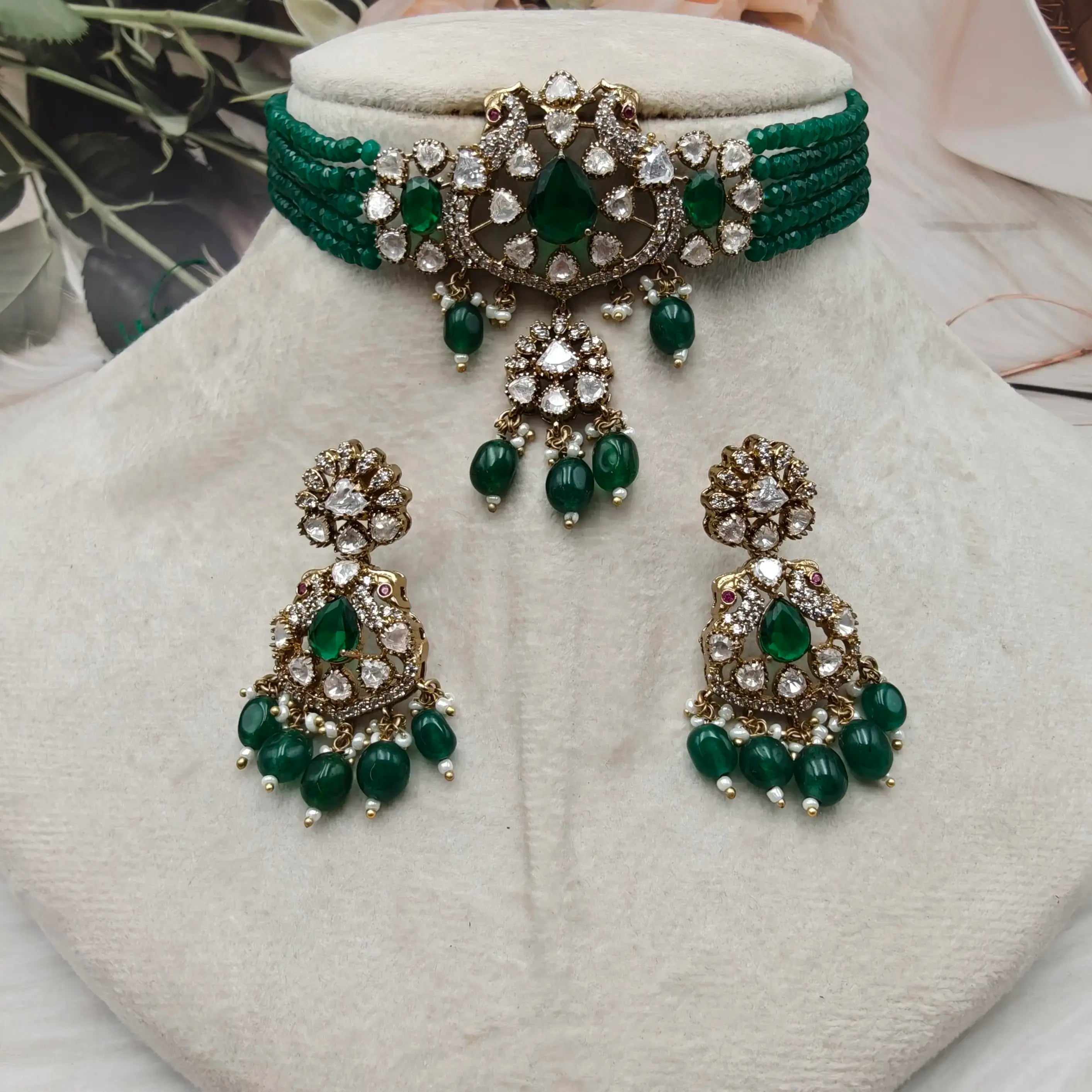 Shubha Premium Moissanite and Onyx Premium Choker Set - Green