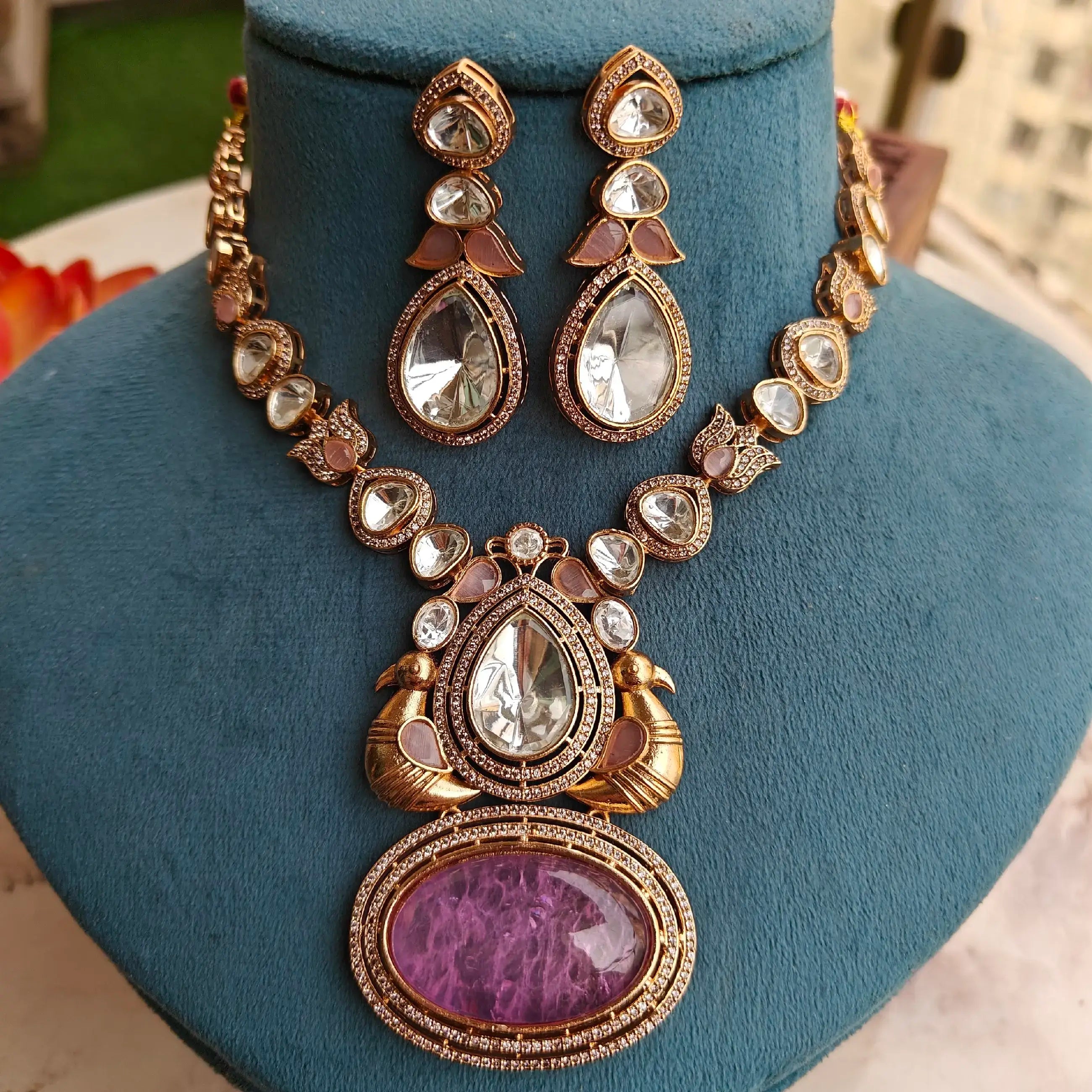 Swayam Cabochone Doublet Necklace Set - Lavender Pink