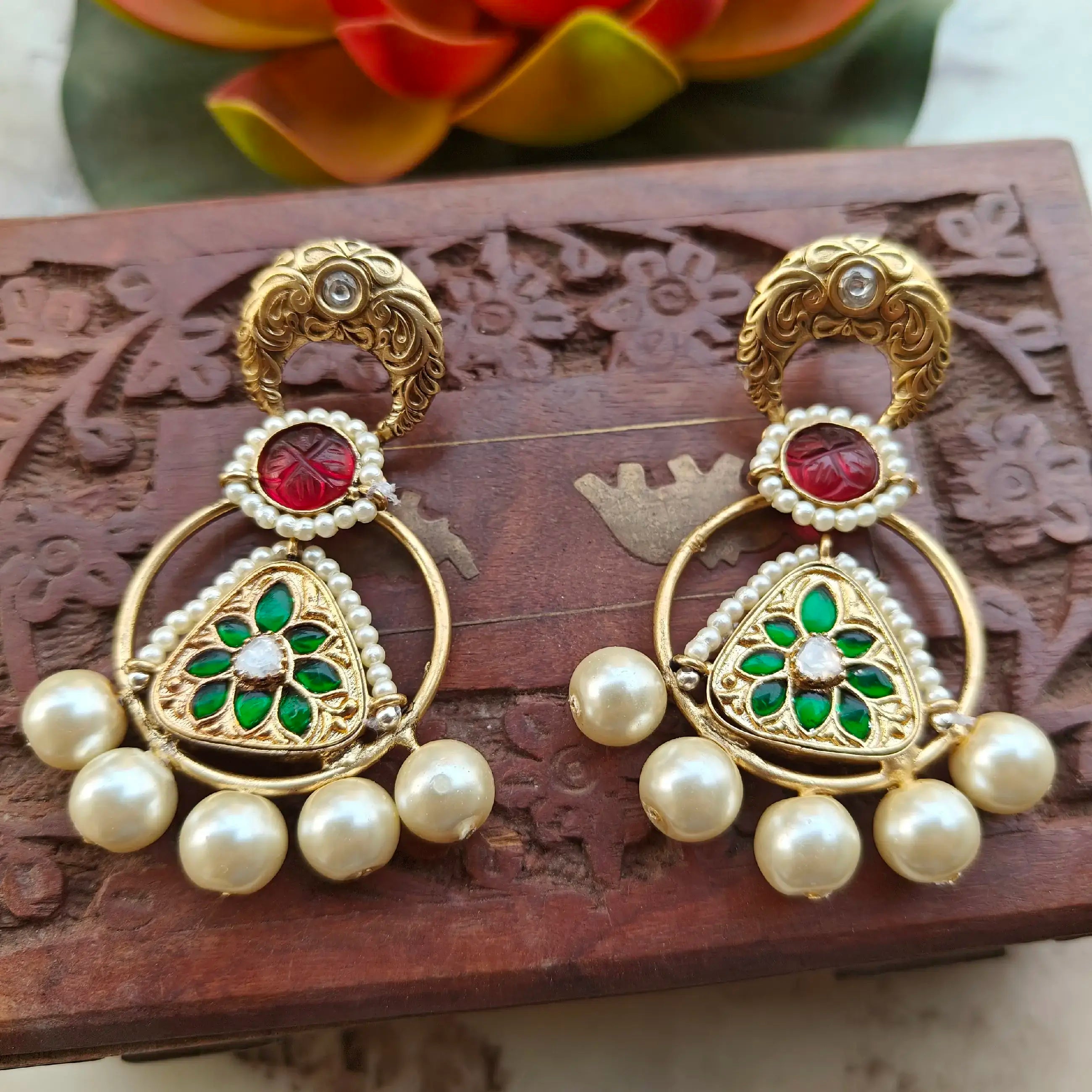 Kamna Amrapali Brass Fusion Earrings - Ruby