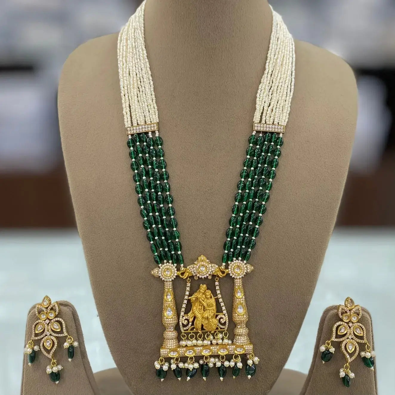 Radha Krishna Murali Long Necklace Set- Green