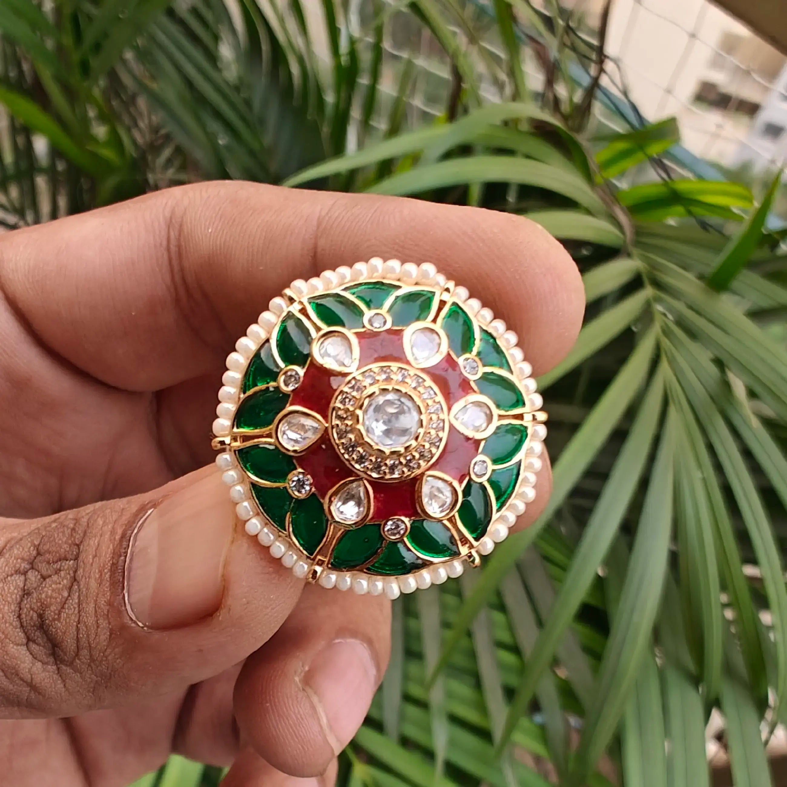 Shrutika Polki Kundan Adjustable Ring - Green N Ruby