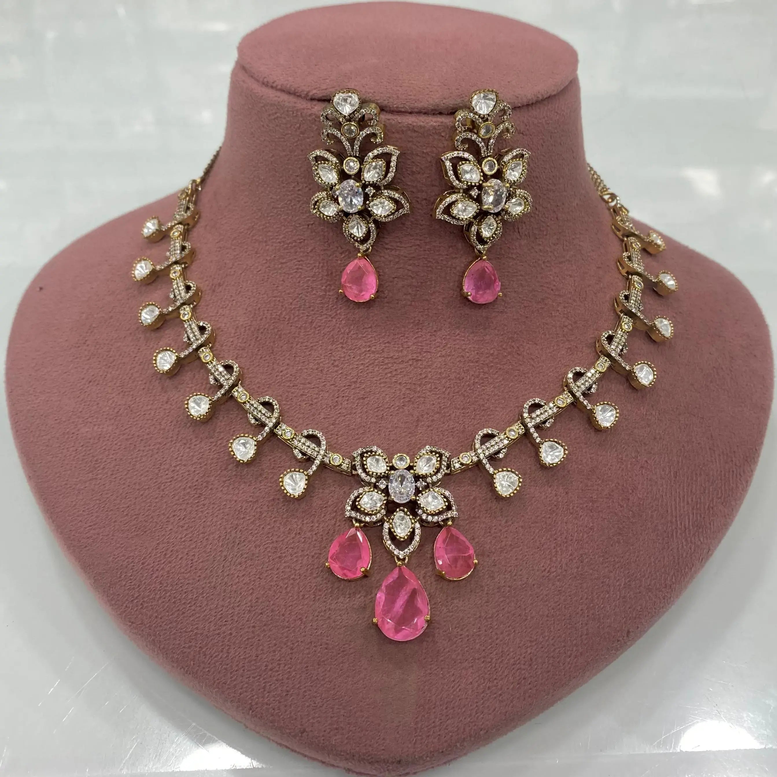 Shivangi Doublet and Uncut Moissanite Polki Necklace Set - Pink