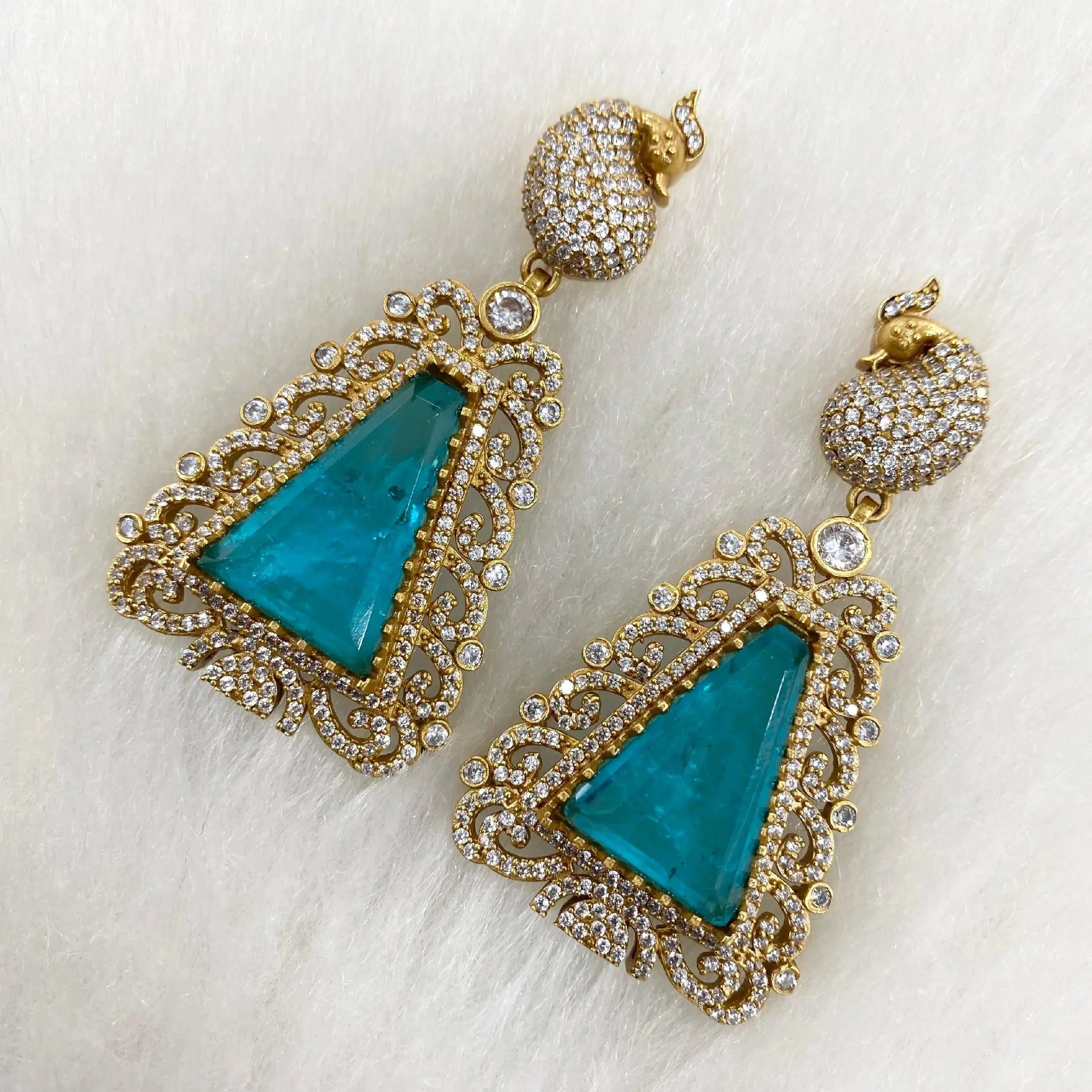 Peacock Jadau AD And Doublet Earrings- Turquoise Blue