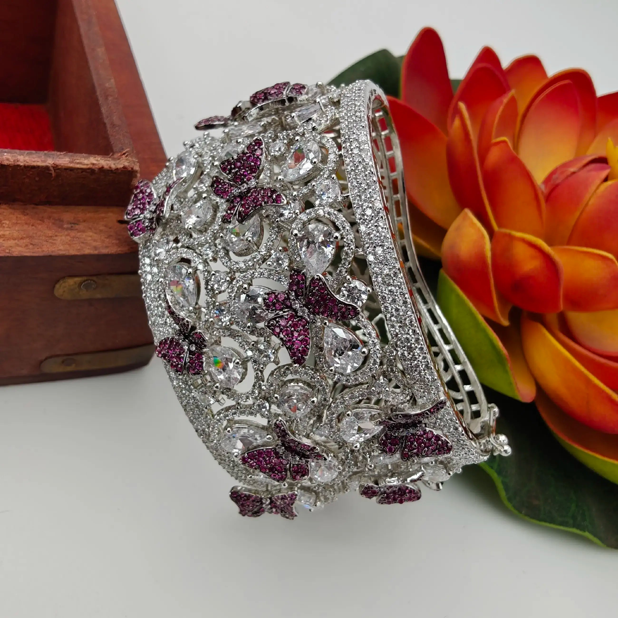 Butterfly Invisible Setting Zirconia Bracelet - Ruby Pink