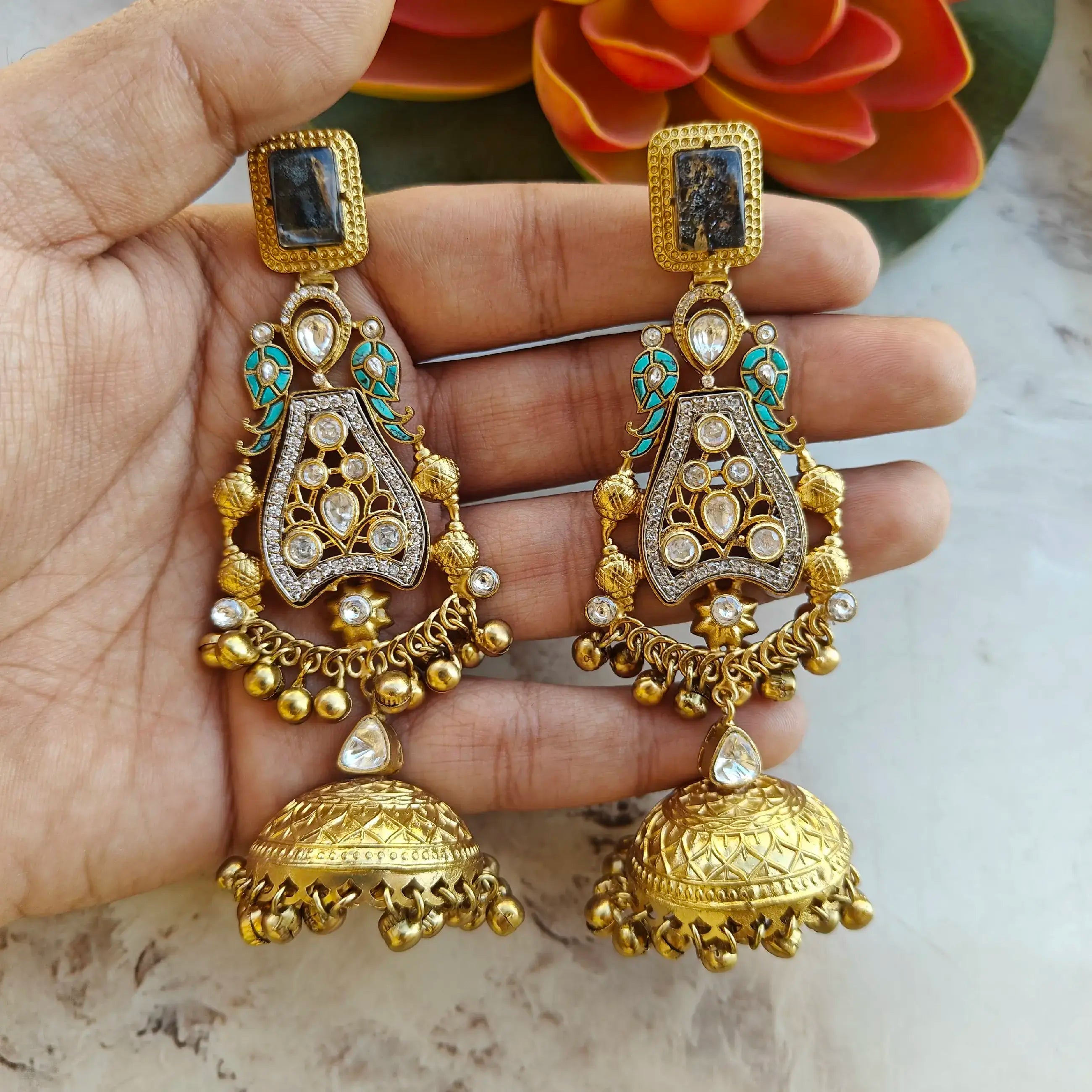 Shikara Brass Fusion Amrapali Handmade Earrings - Black N Turquoise