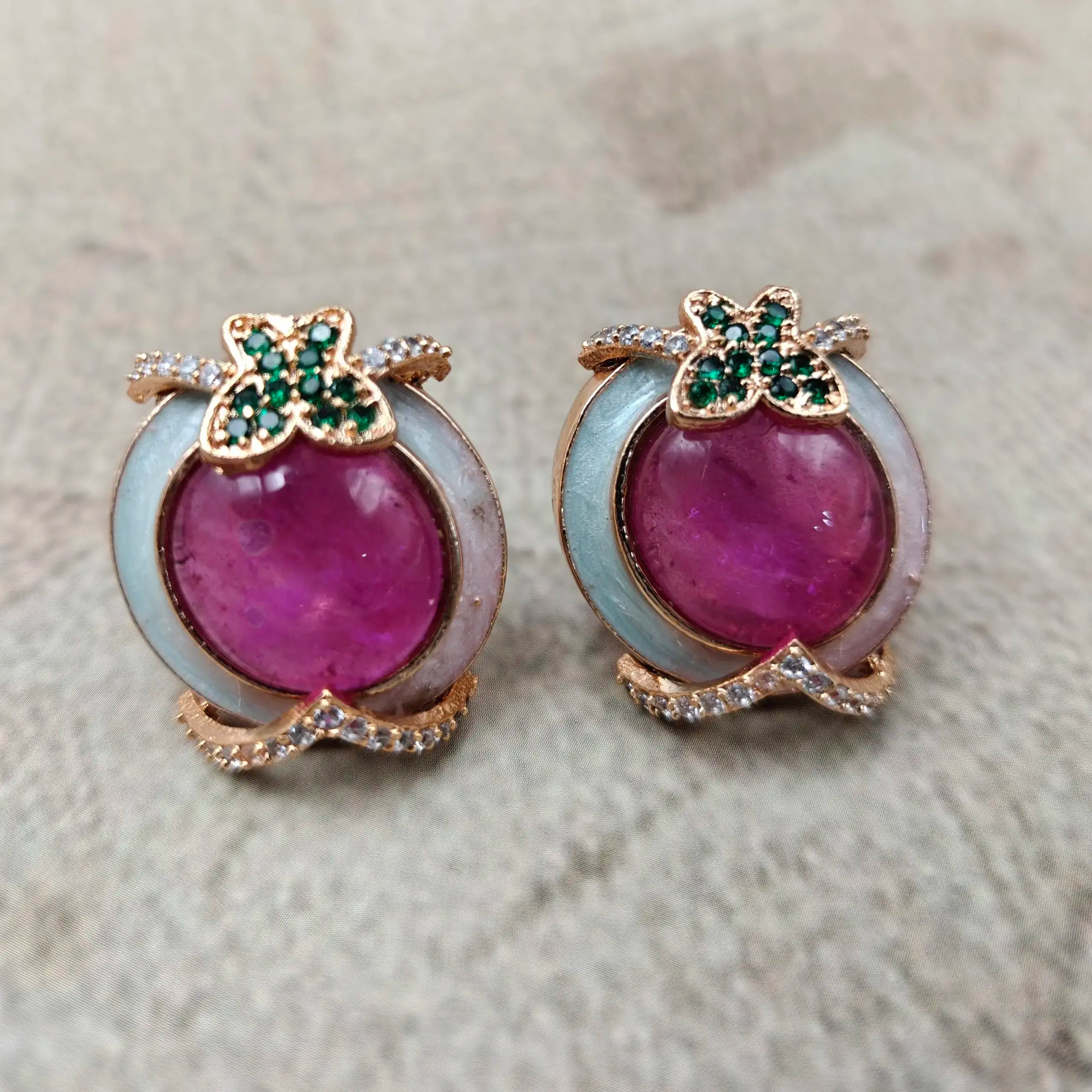 Butterfly Italian Meena Premium Doublet Studs - Rani Pink
