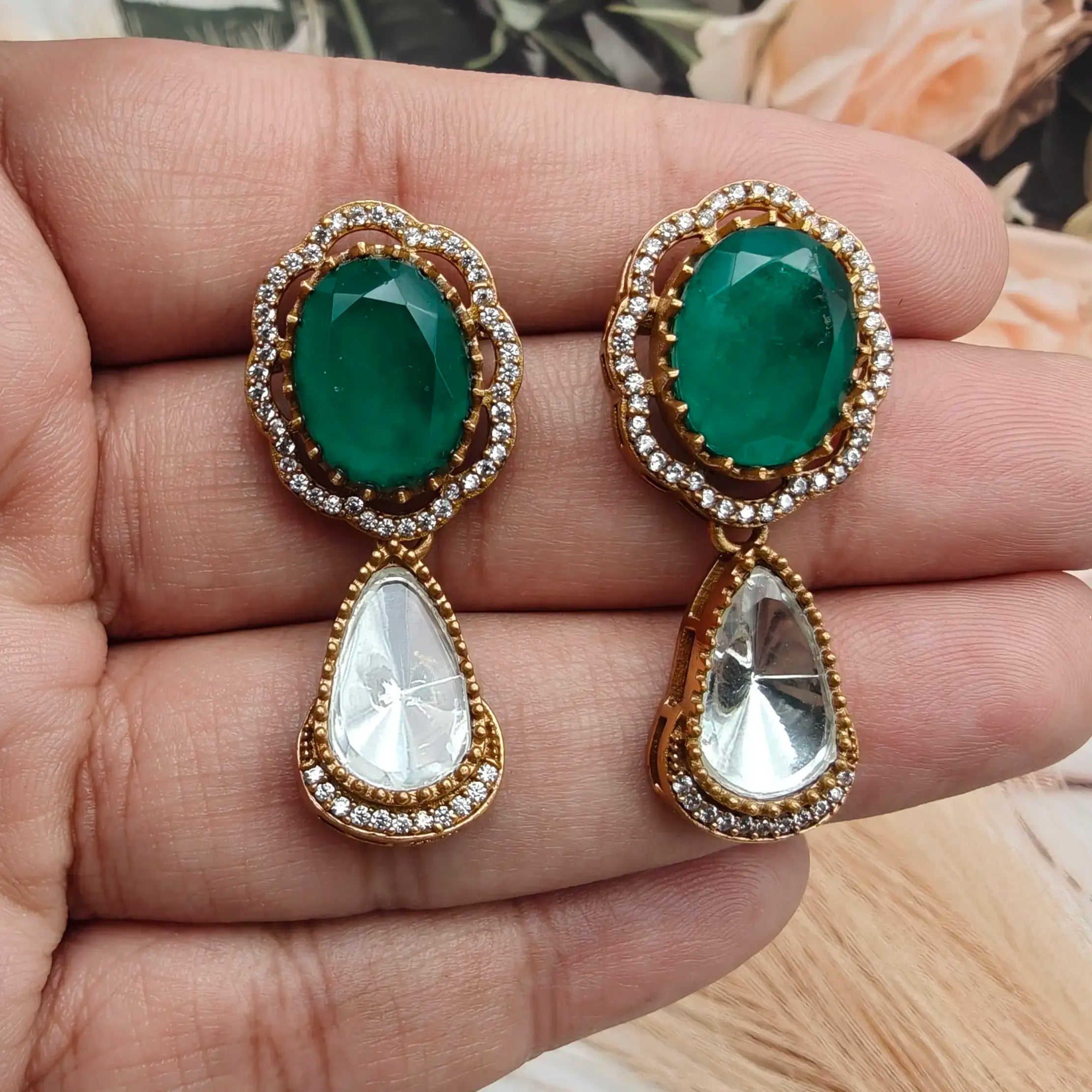 Shabana Doublet Uncut Polki Earrings - Emerald Green