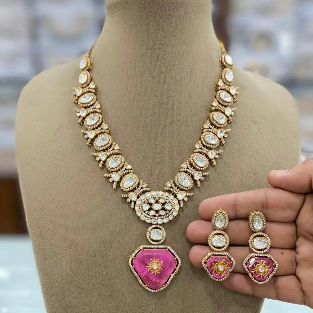 Ishika Doublet And Moissanite Polki Necklace Set - Fuschia Pink