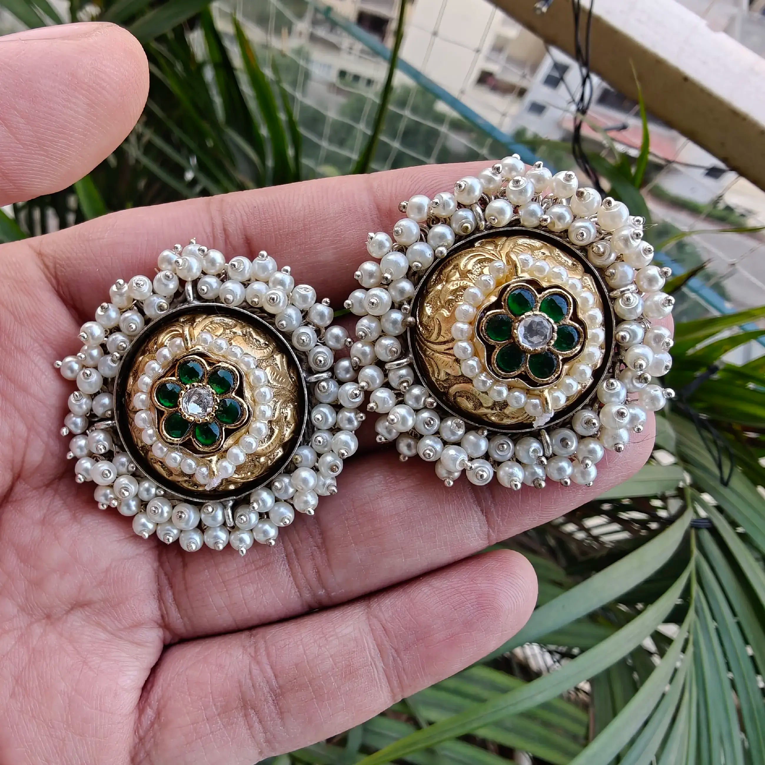 Vidya Amrapali Brass Fusion Studs- Green