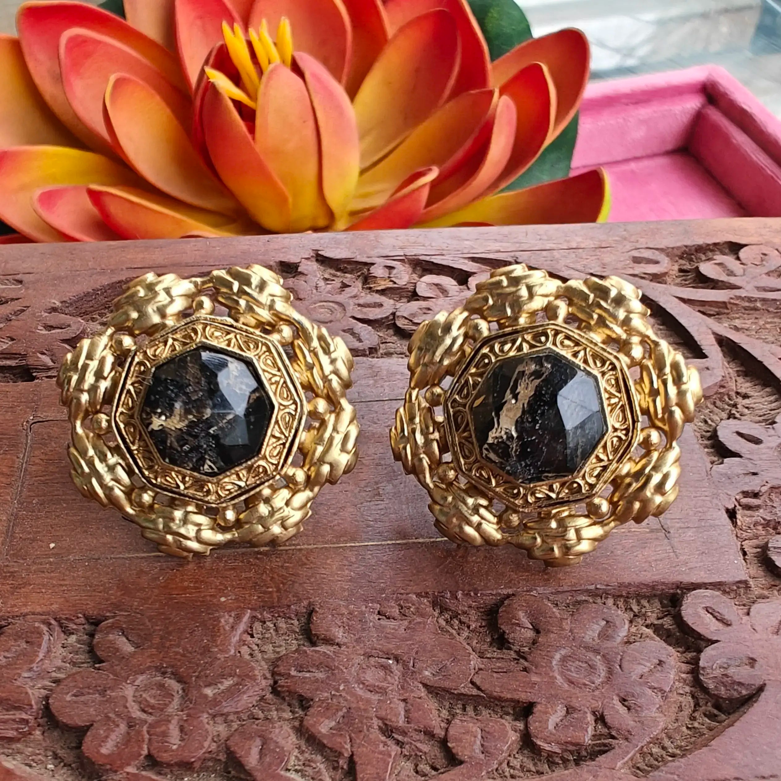 Jannat Amrapali Brass Fusion Tourmaline Doublet Studs - Black
