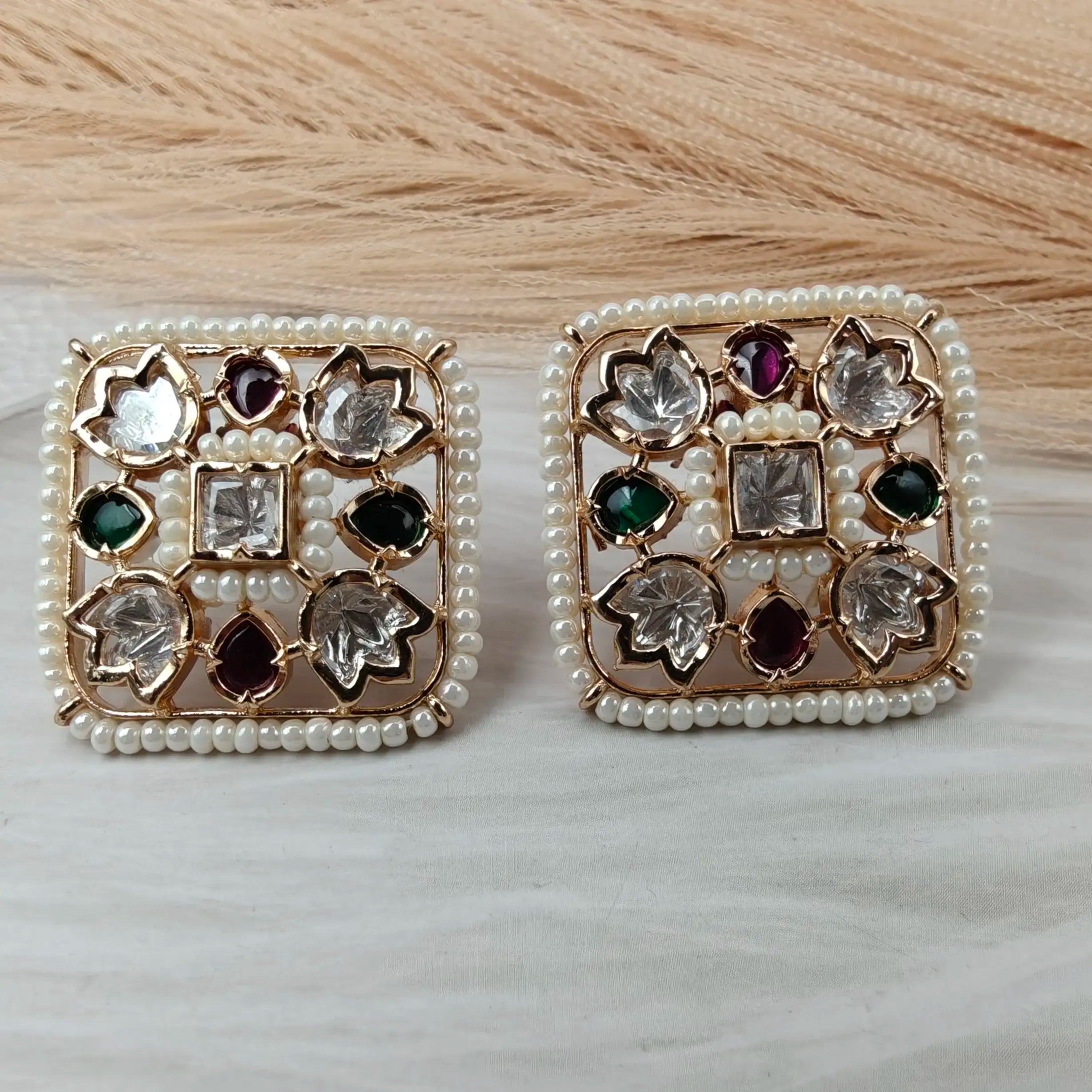 Zarqa Sunheri Kundan Studs- Ruby n Green