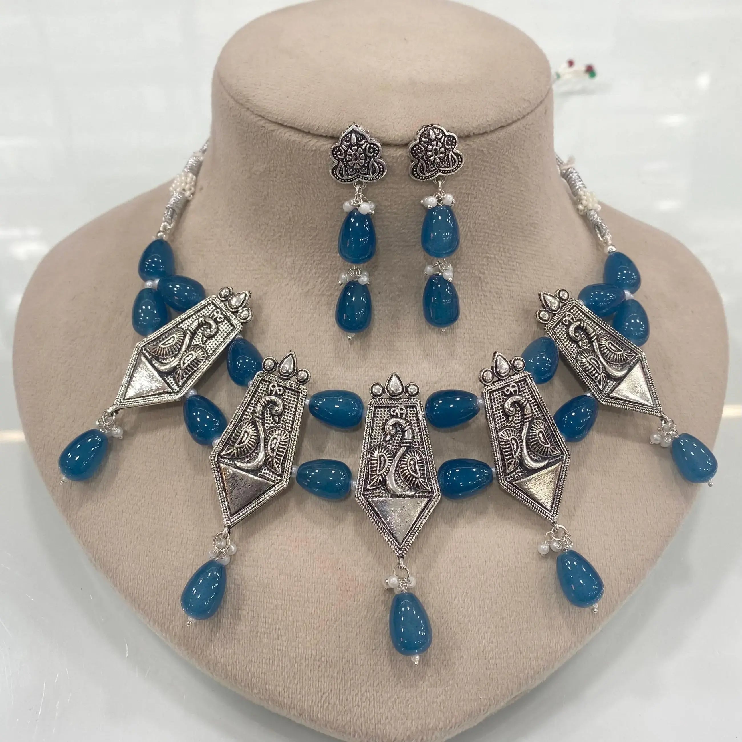 Radhika Silver Replica Necklace Set - Teal Blue