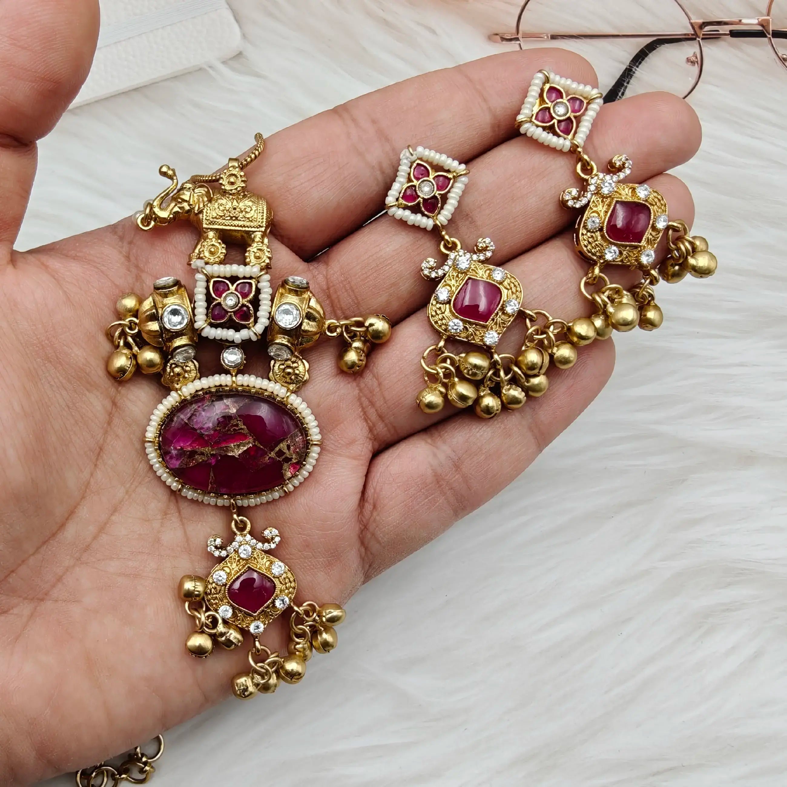 Sarthi Tourmaline Doublet Amrapali Brass Fusion Pendant Set - Ruby Pink
