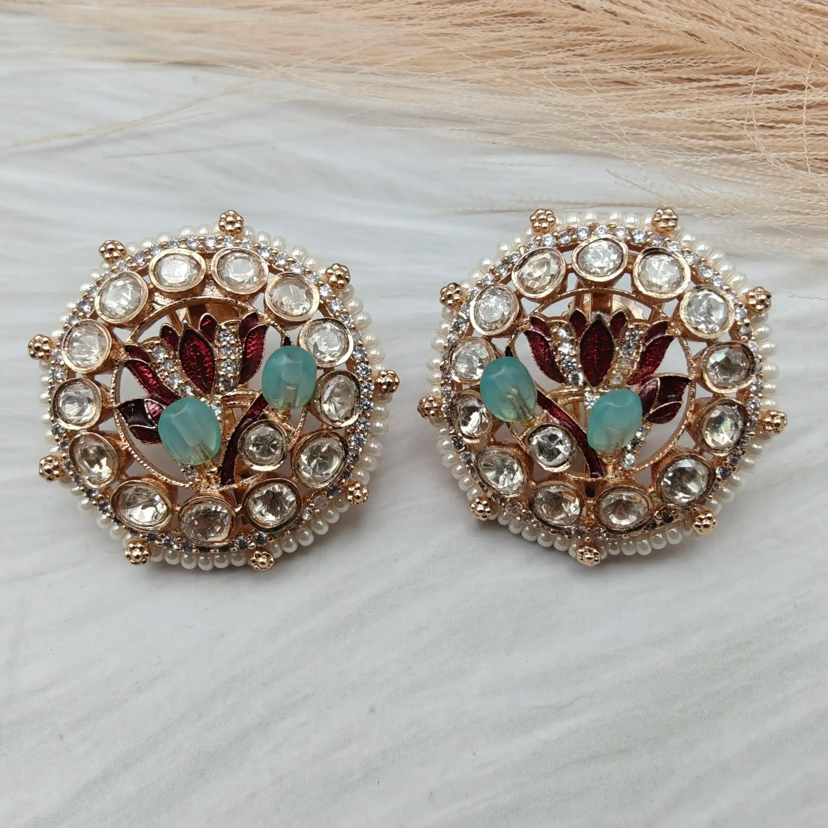 Noorani Lotus Moissanite Studs - Mint n Maroon