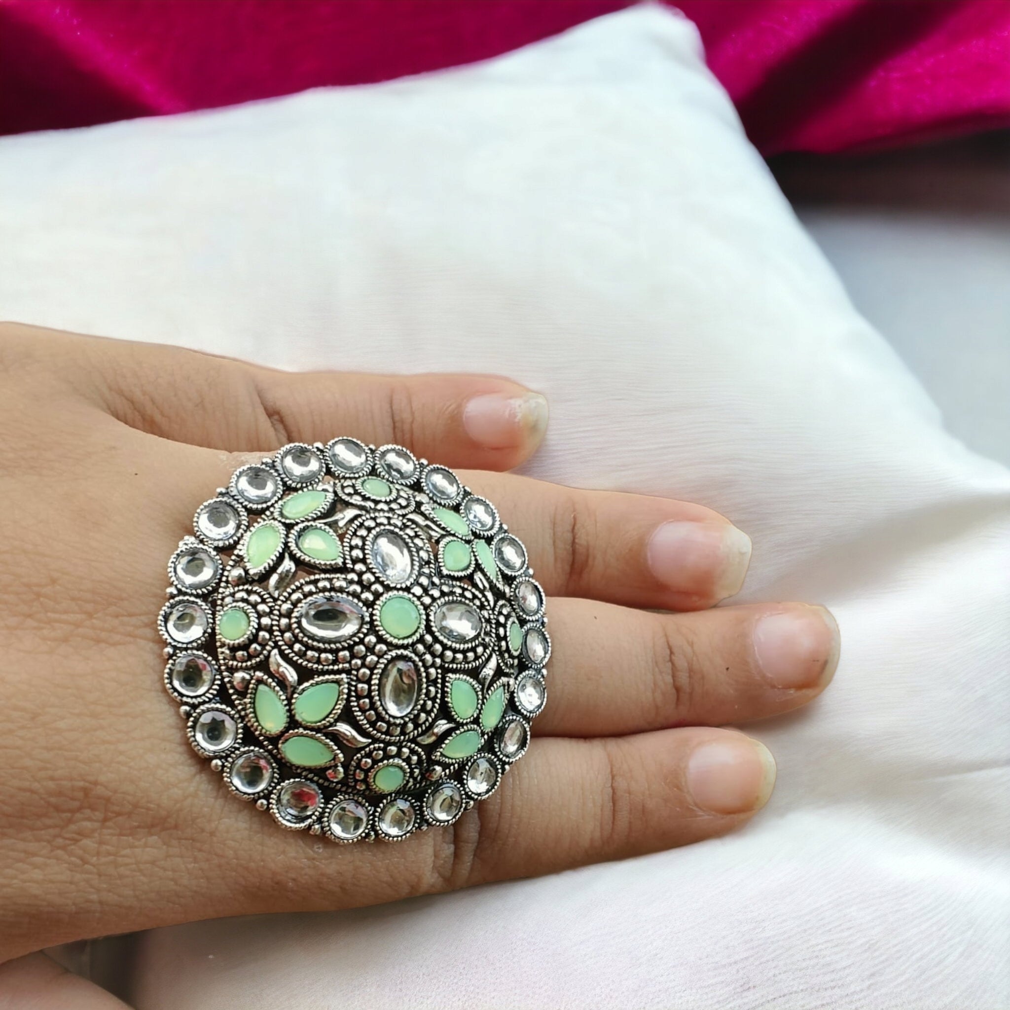 Avni German Silver Ring- Pista Green