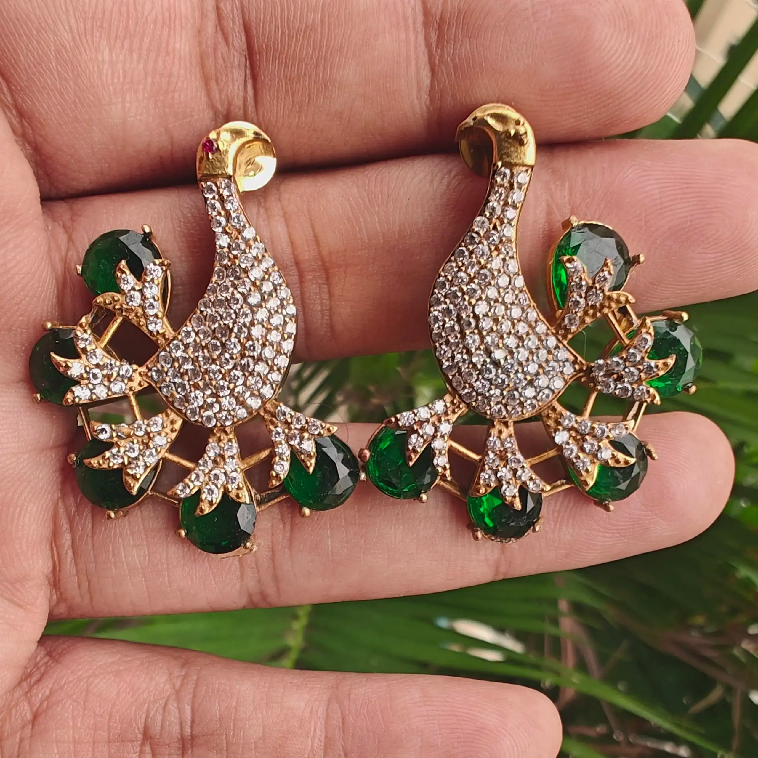 Bird Jadau AD Earrings- Green