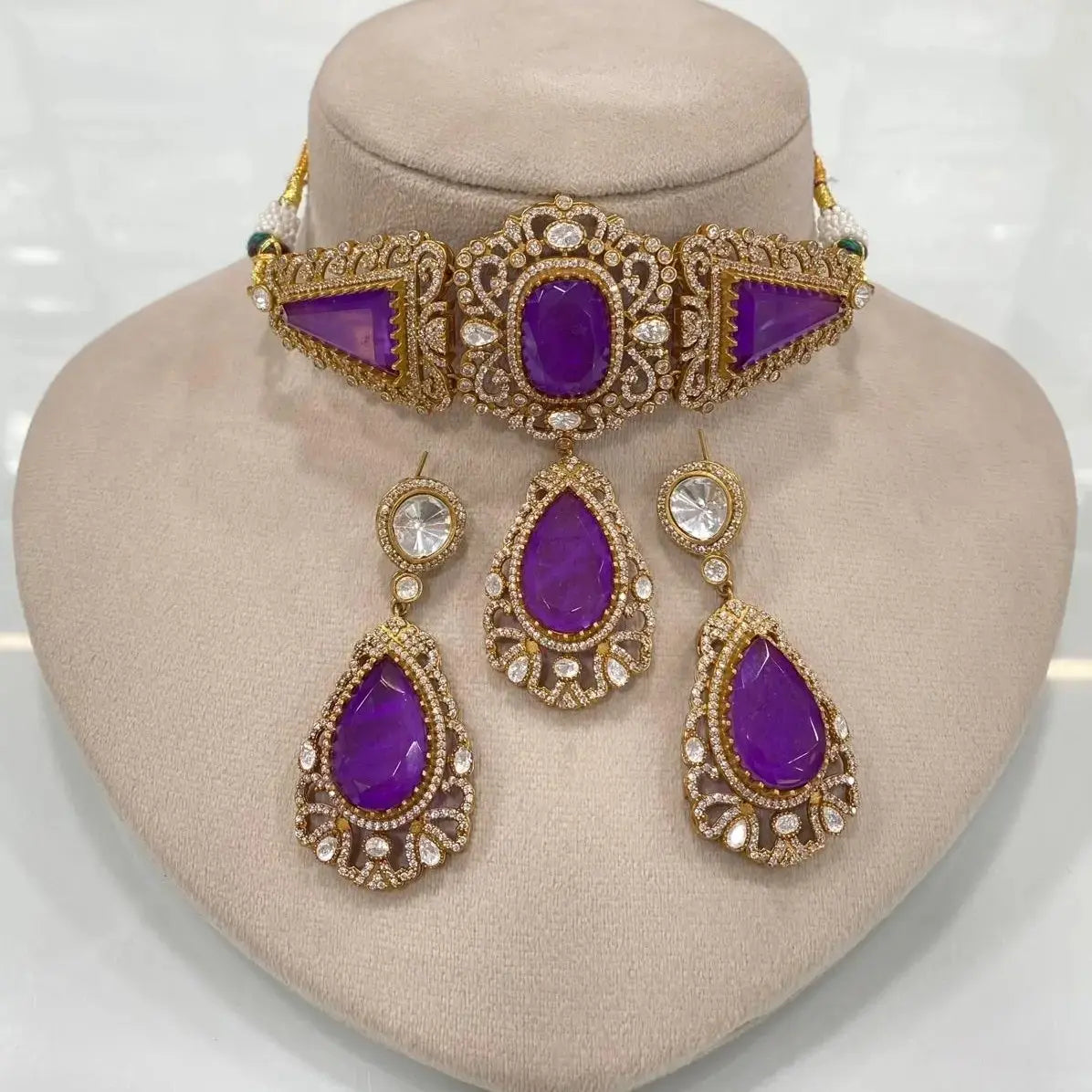 Tanisha Premium Doublet Necklace Set- Purple