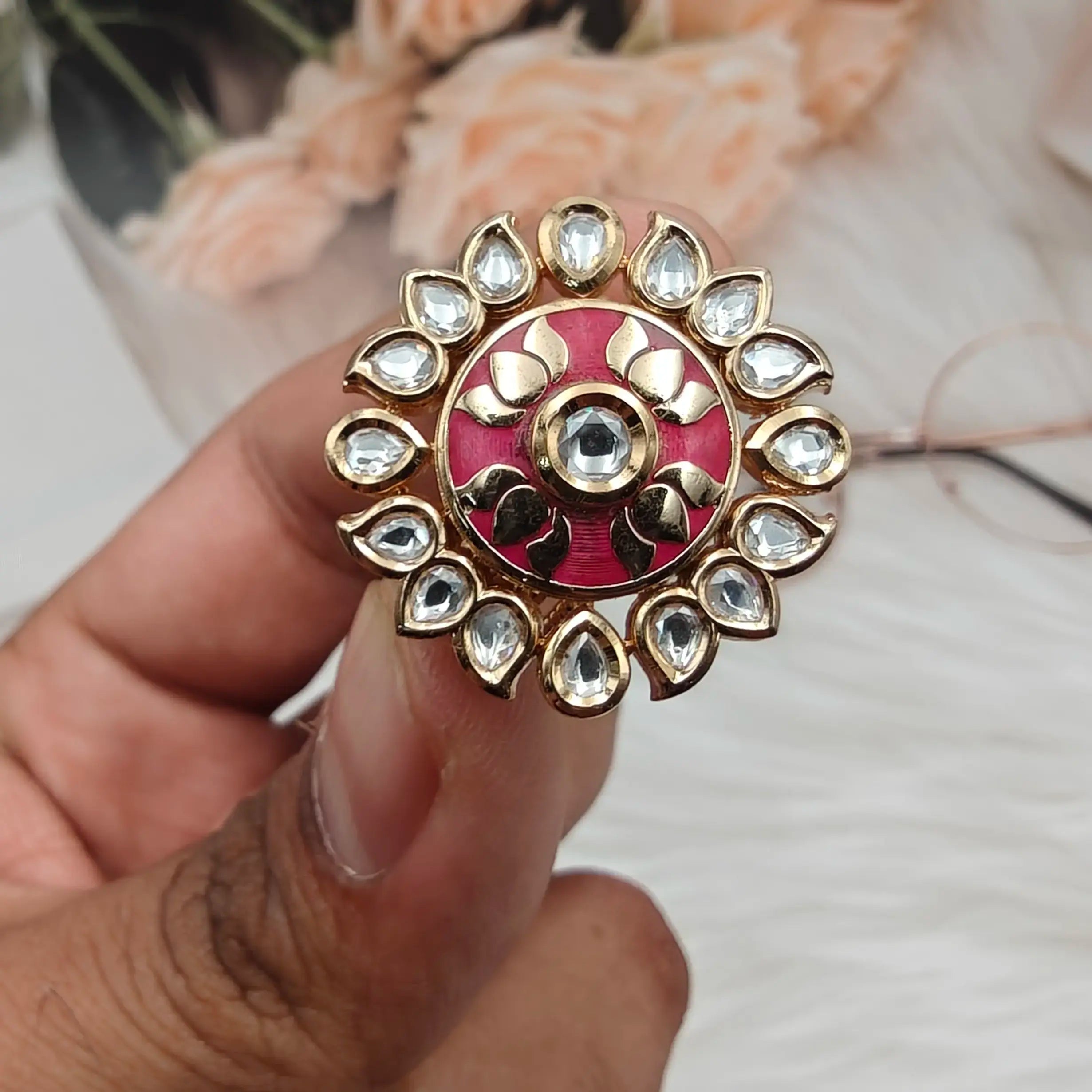 Kalki Premium Polki Kundan Adjustable Ring- Rani Pink