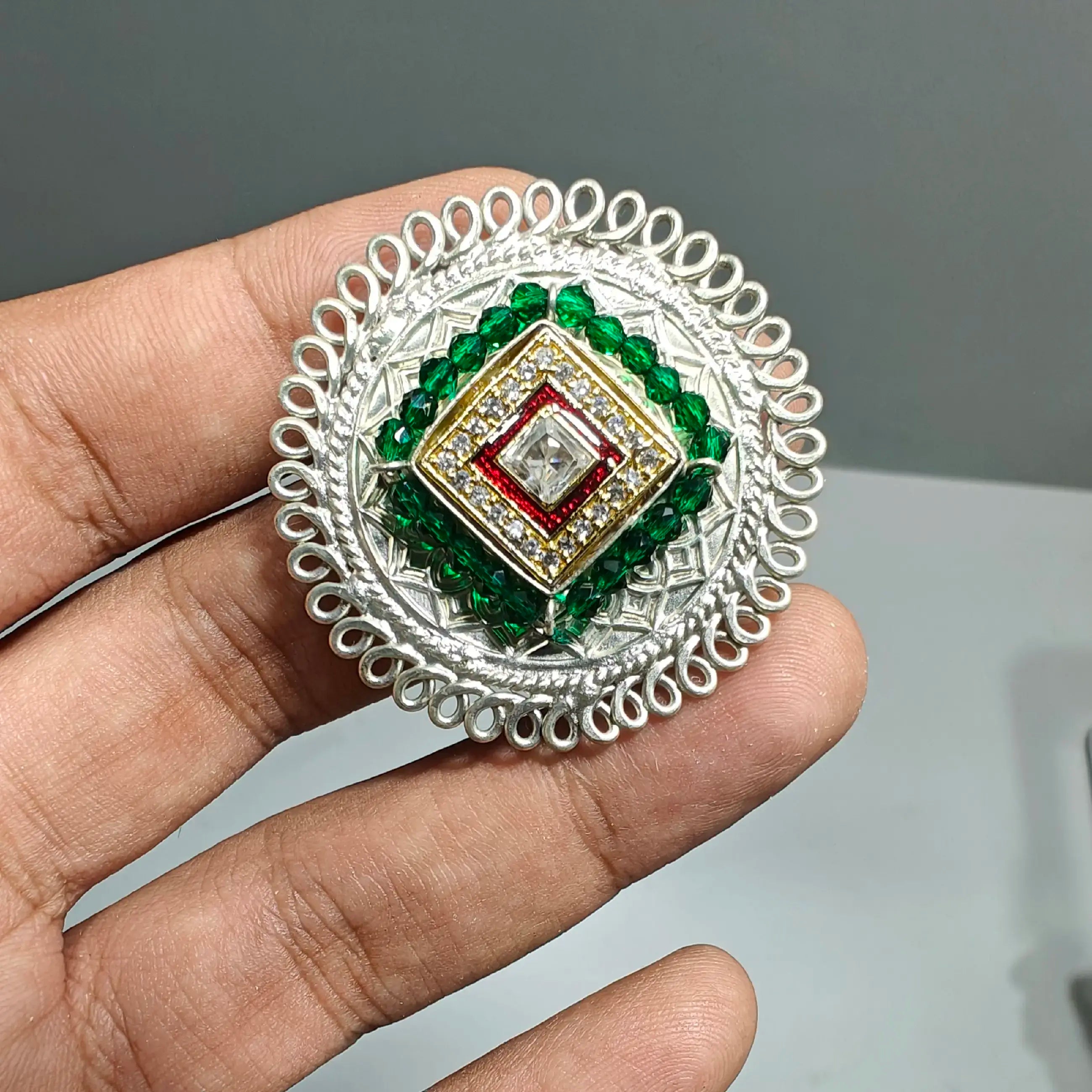 Zamira Amrapali Brass Fusion Ring- Silver Green
