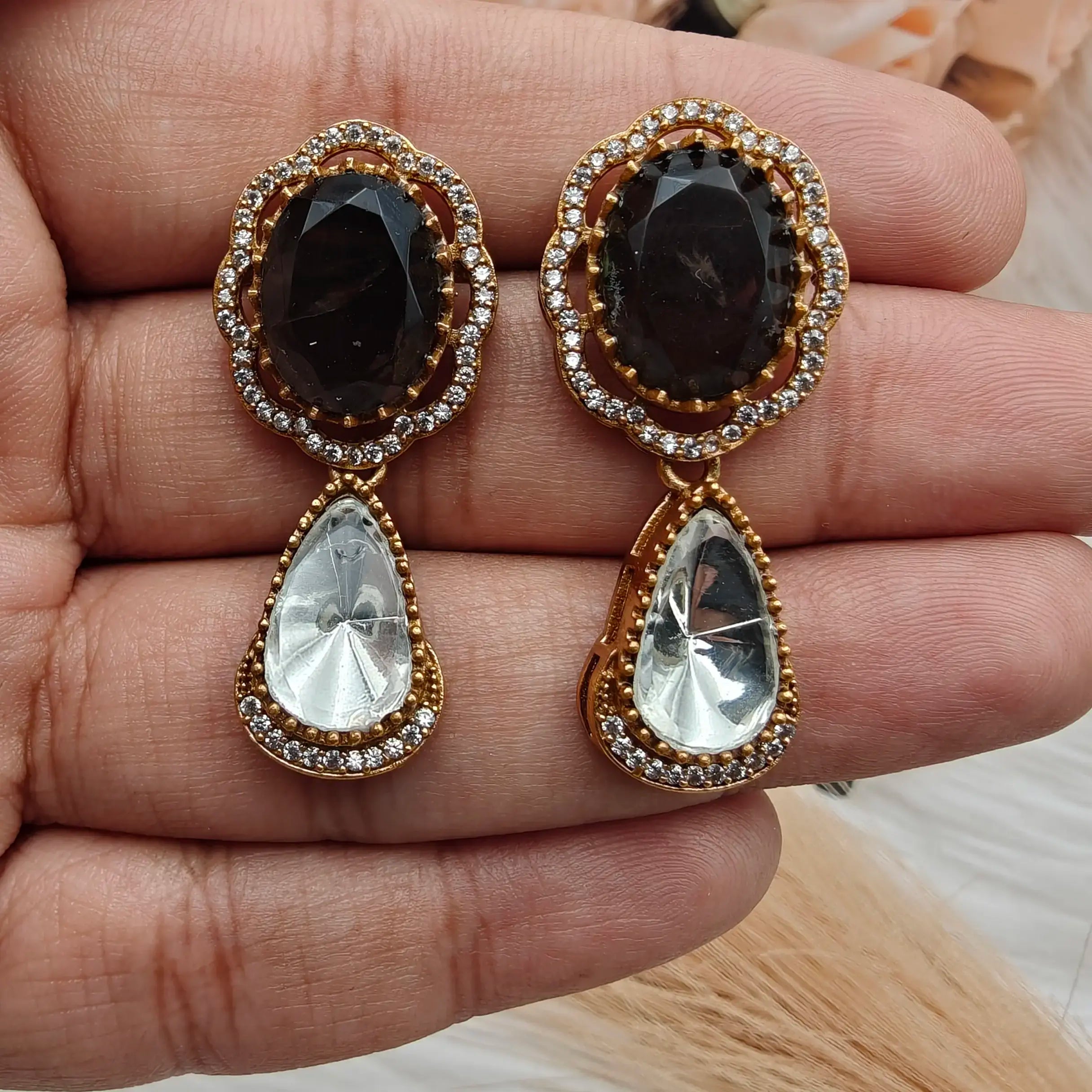 Shabana Doublet Uncut Polki Earrings -Black
