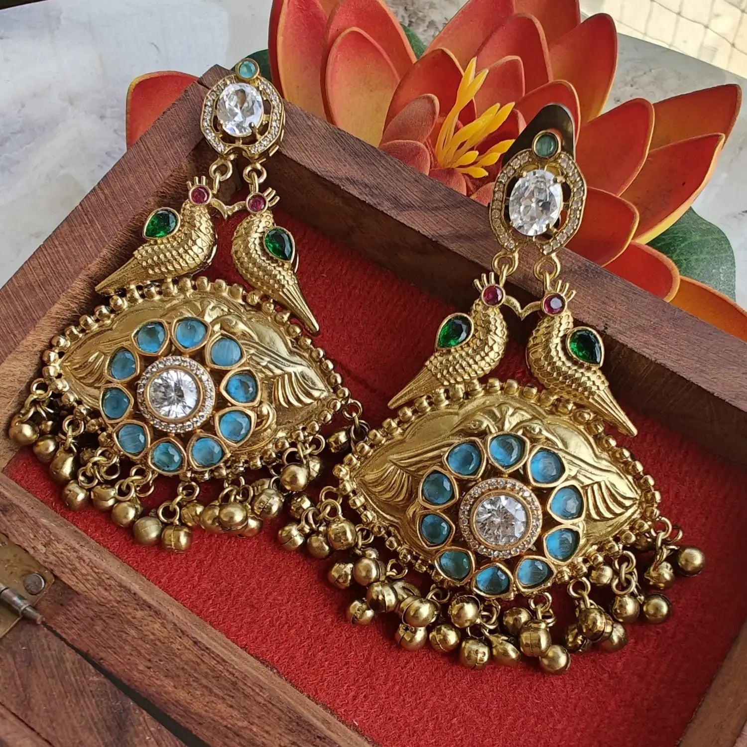 Karishma Panchi Brass Fusion Earrings - Sky Blue