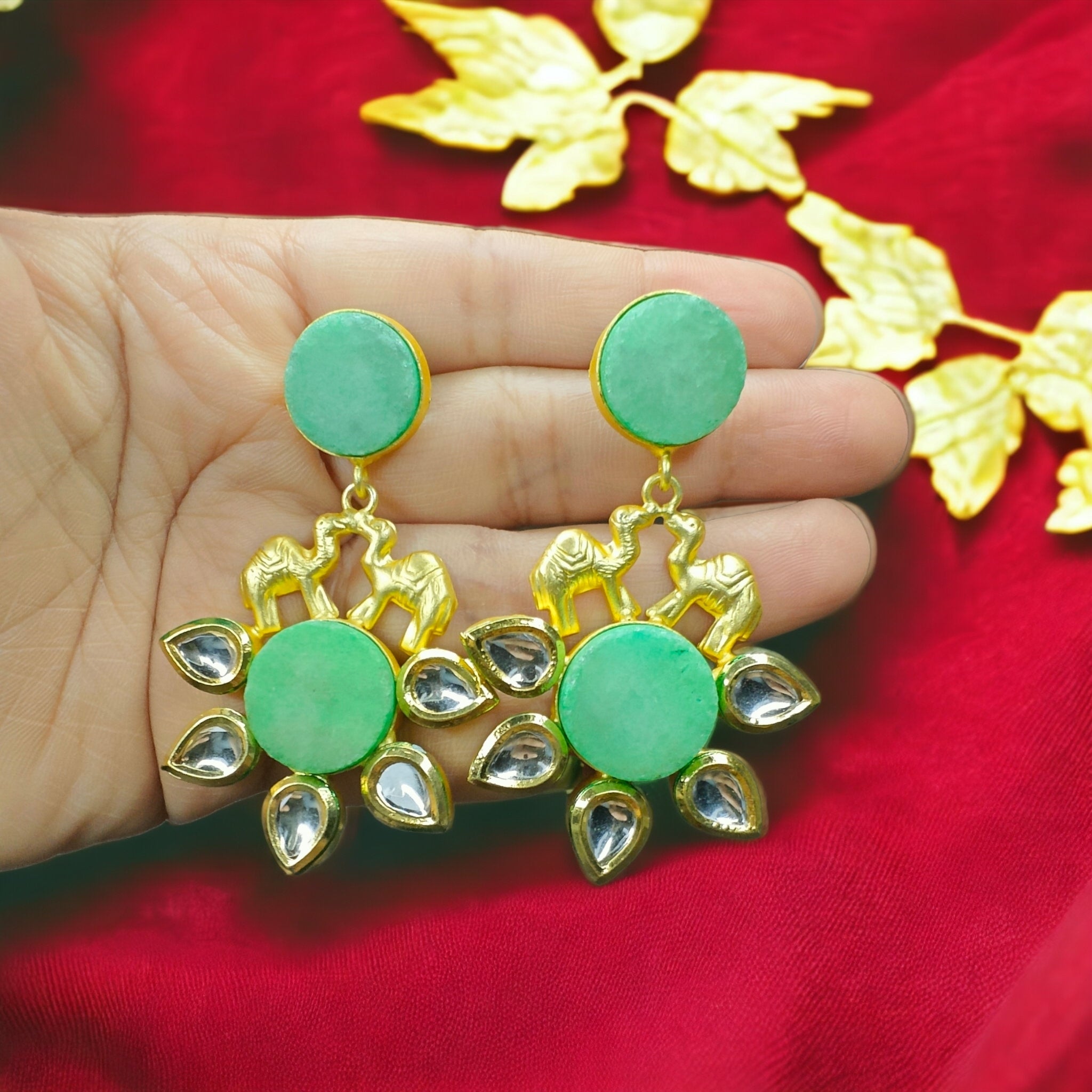 Atibha Druzy Kundan Camel Earrings- Sea Green