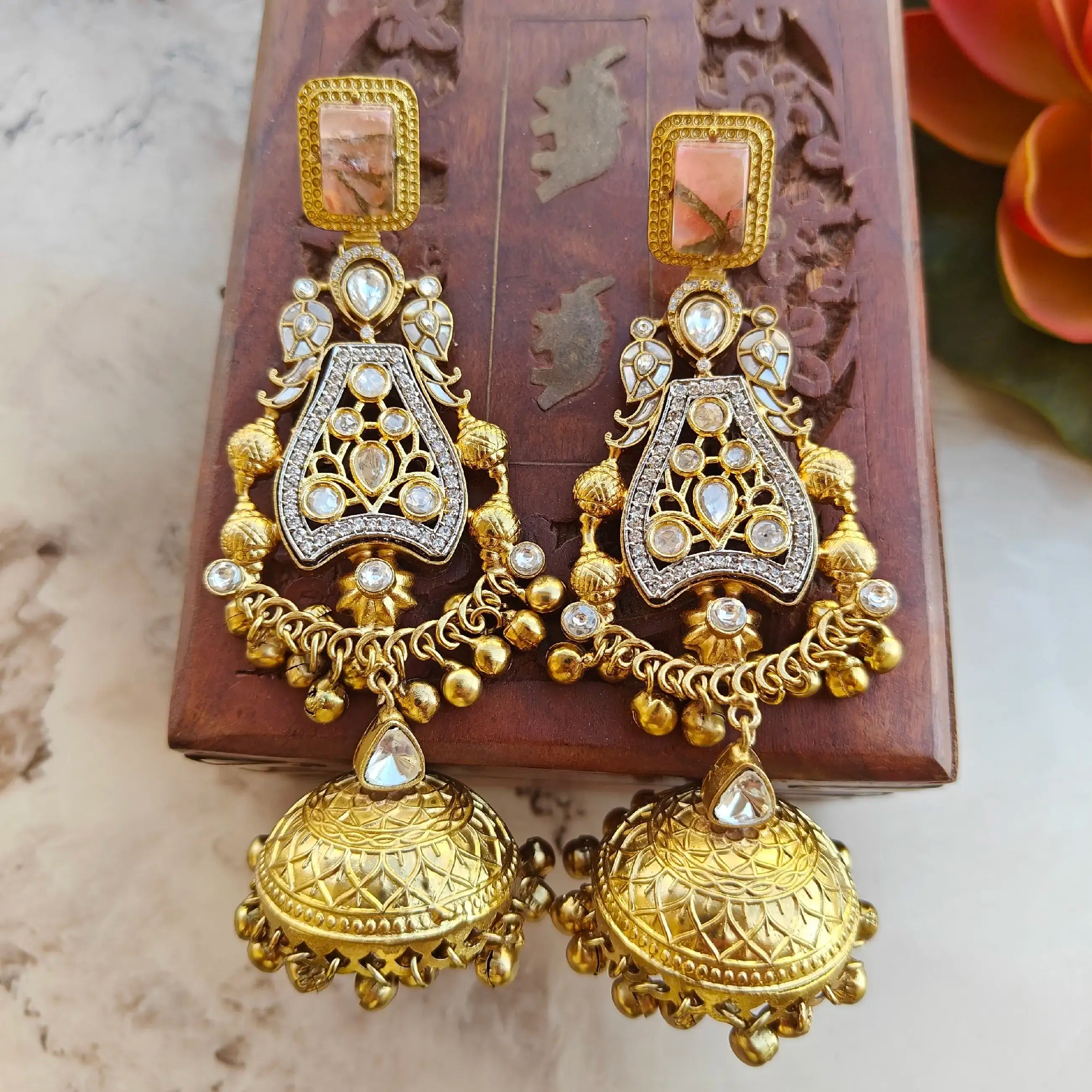 Shikara Brass Fusion Amrapali Handmade Earrings - Pink N White