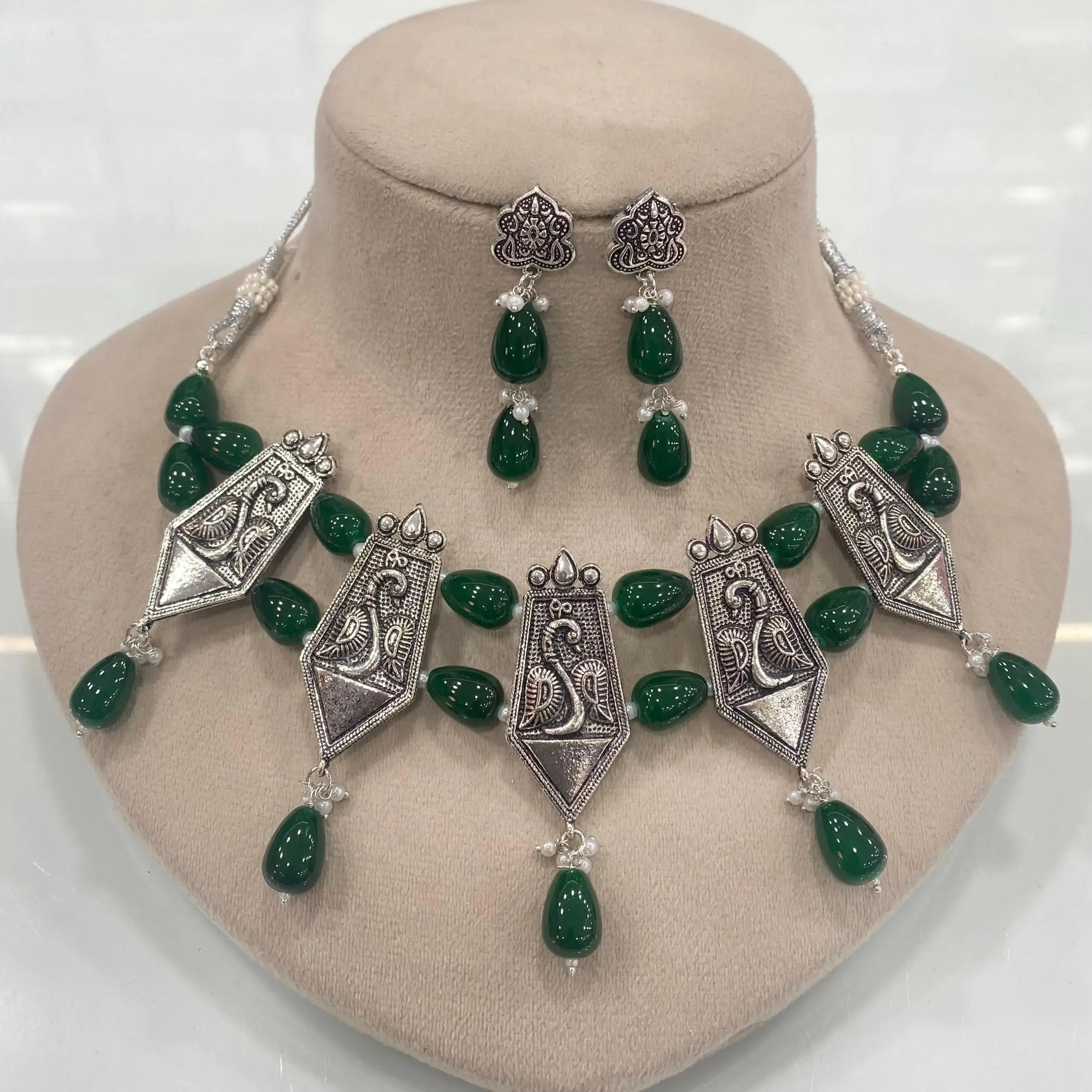 Radhika Silver Replica Necklace Set - Green