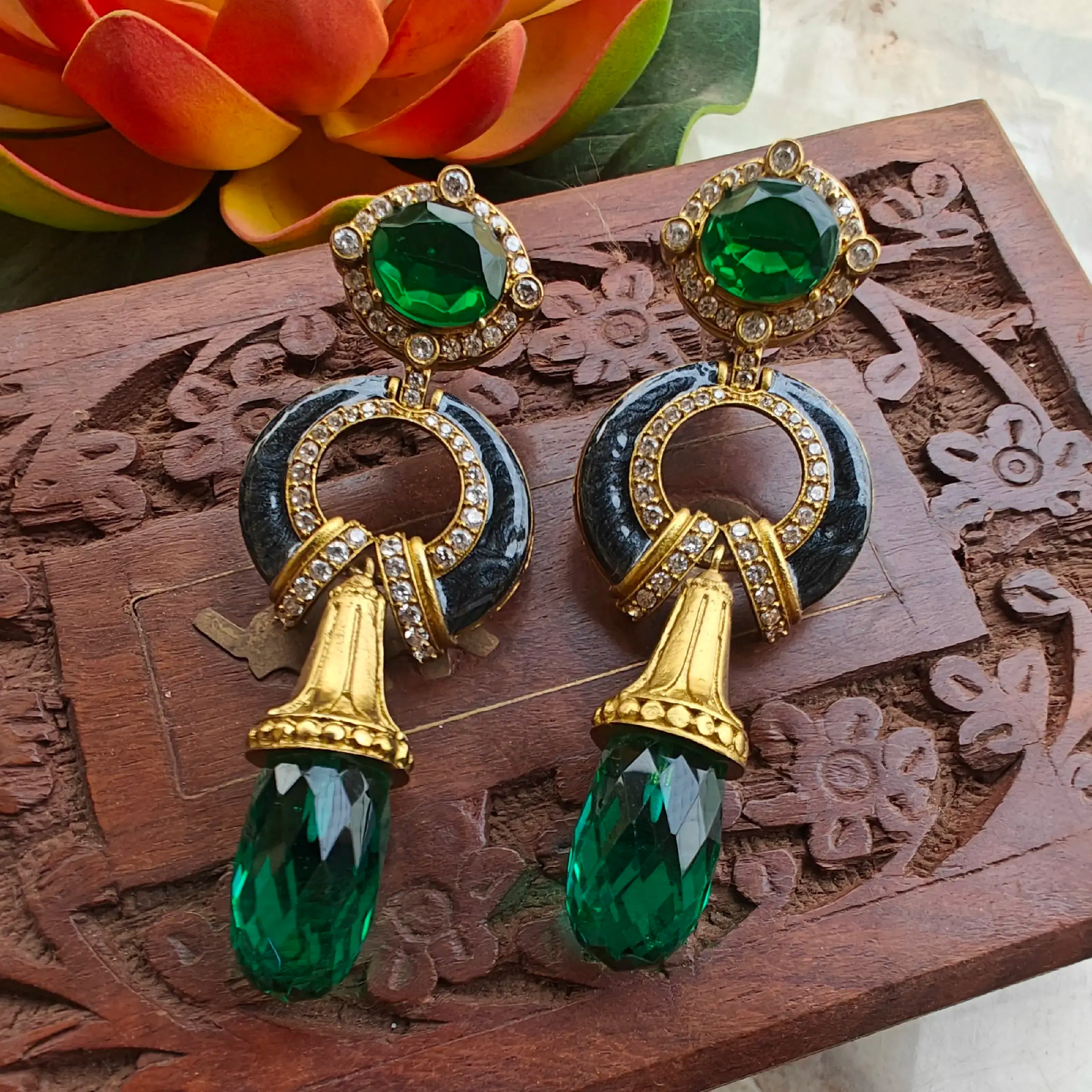 Crescent Pear Drop Italian Enamel Statement Earrings - Green And Black