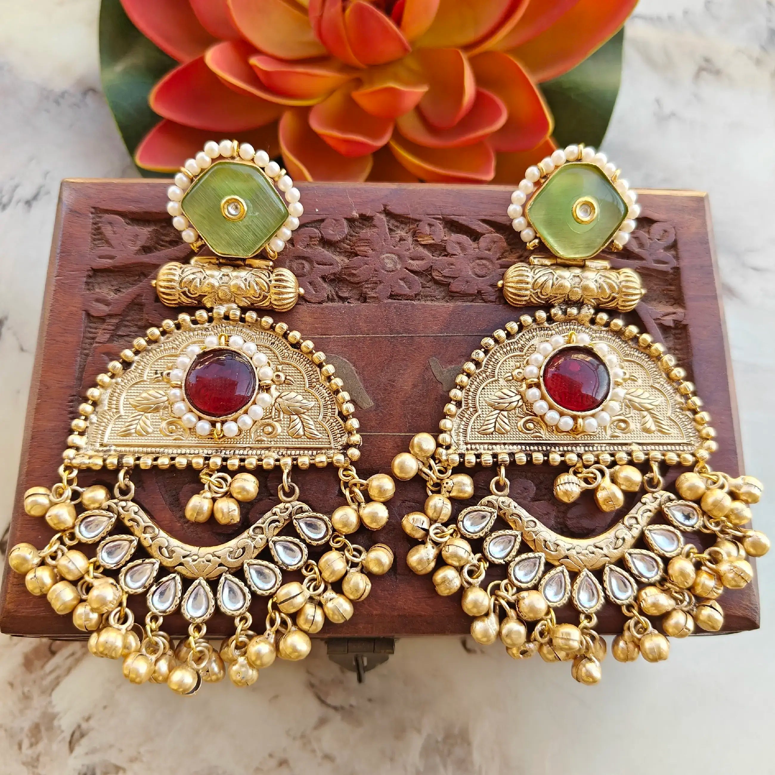 Aasma Amrapali Brass Fusion Earrings - Mint And Ruby
