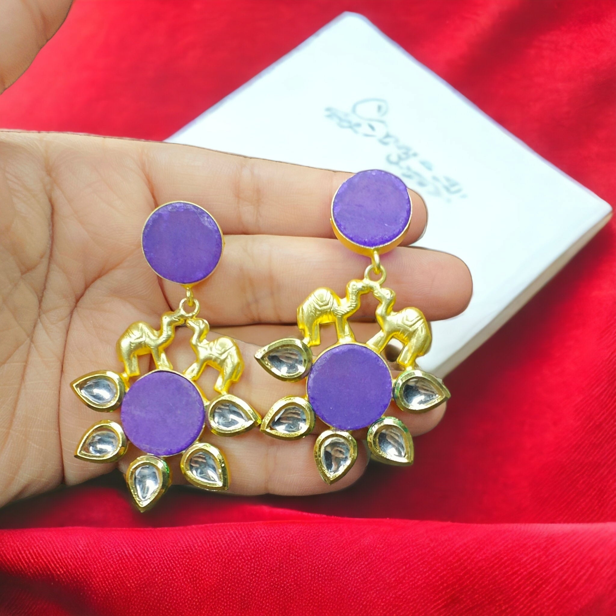 Atibha Druzy Kundan Camel Earrings- Purple