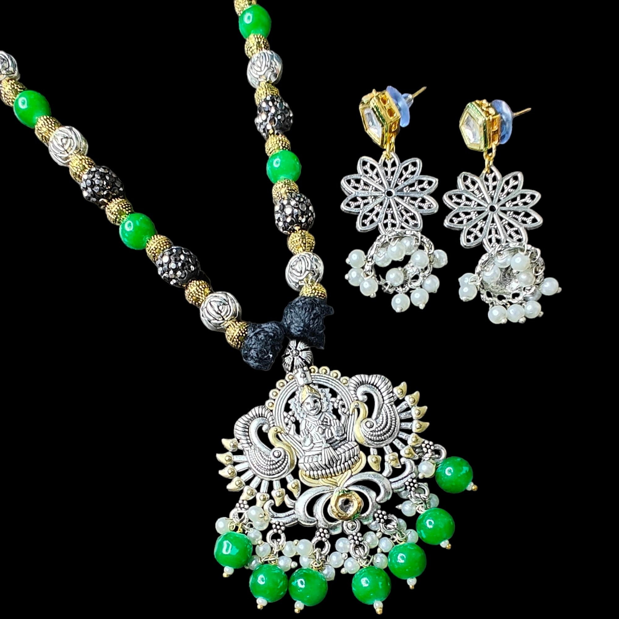 Lakshmi Silver Replica Necklace Set- Green