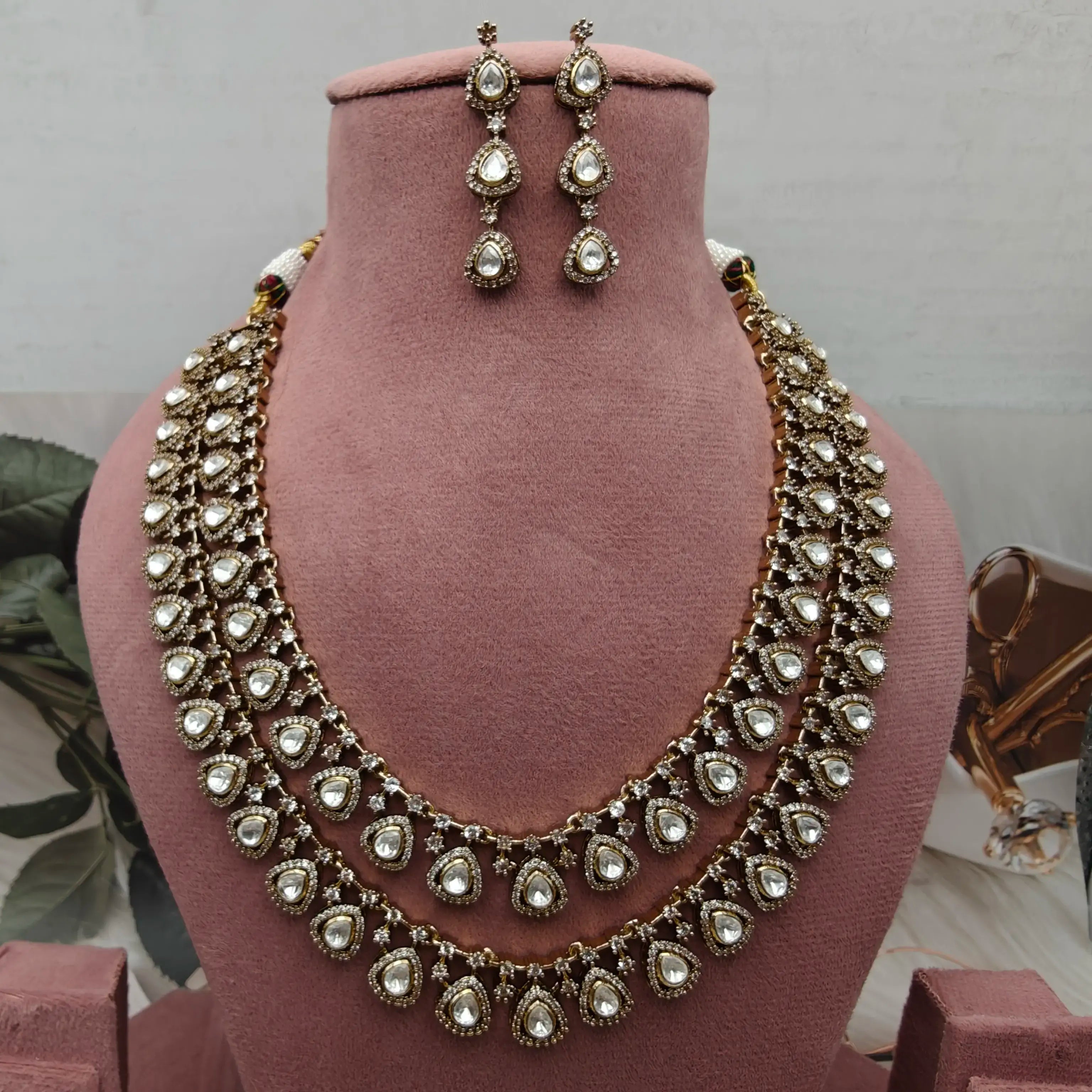Noor Jhalar Moissanite Kundan Double Layer Necklace Set
