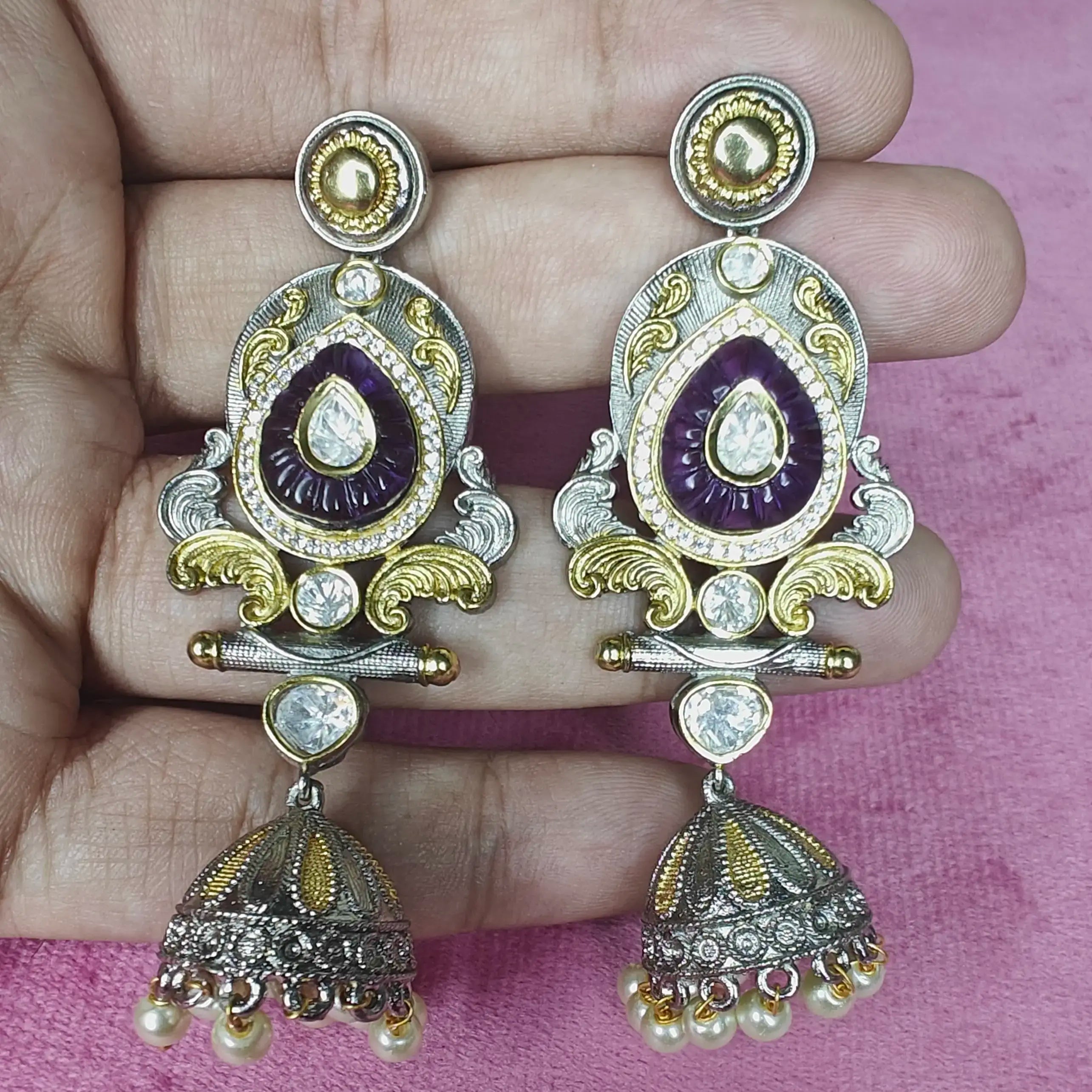 Dual Tone Moissanite Premium Damini Jhumki- Purple