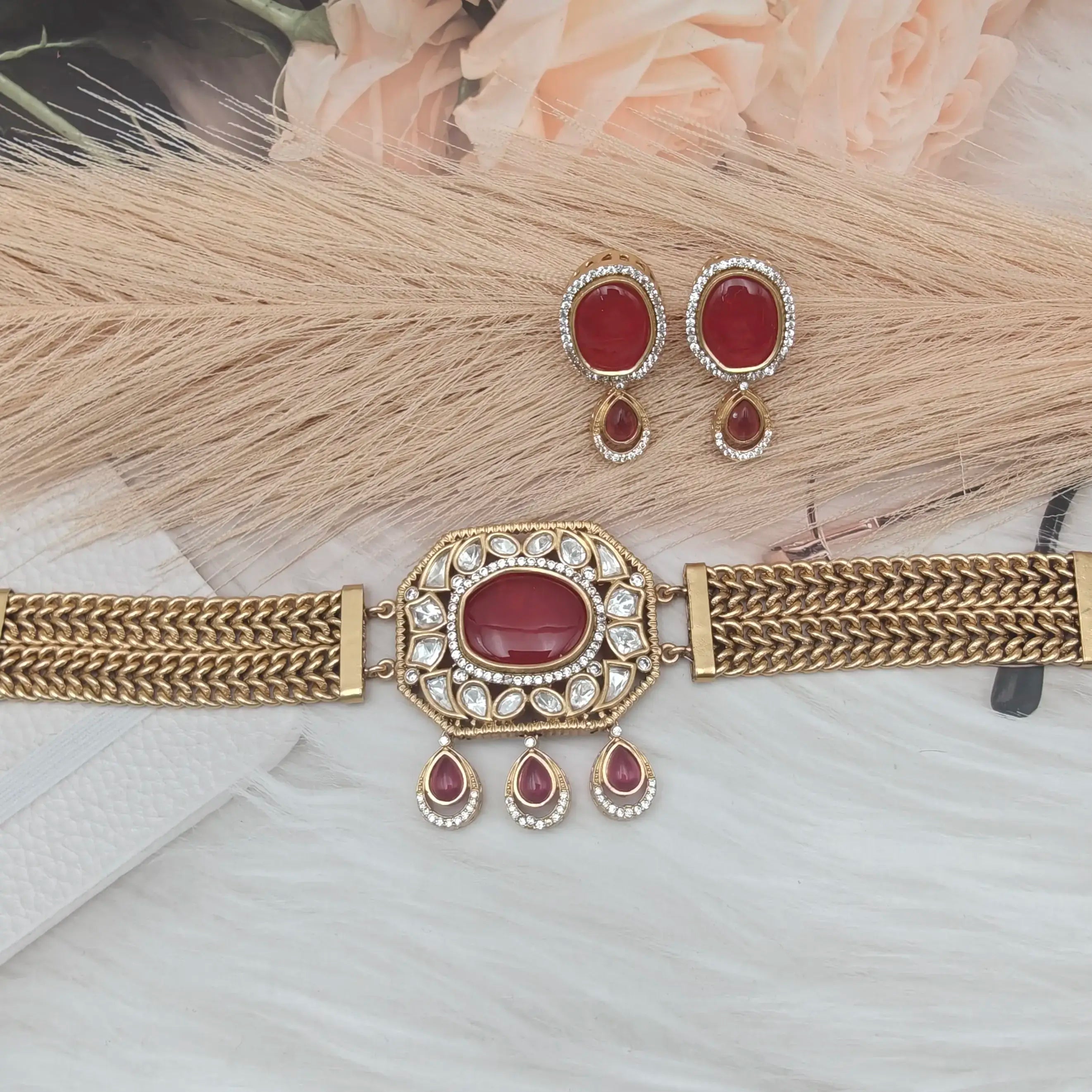 Ziva Premium Doublet Chain Choker Set- Ruby Red